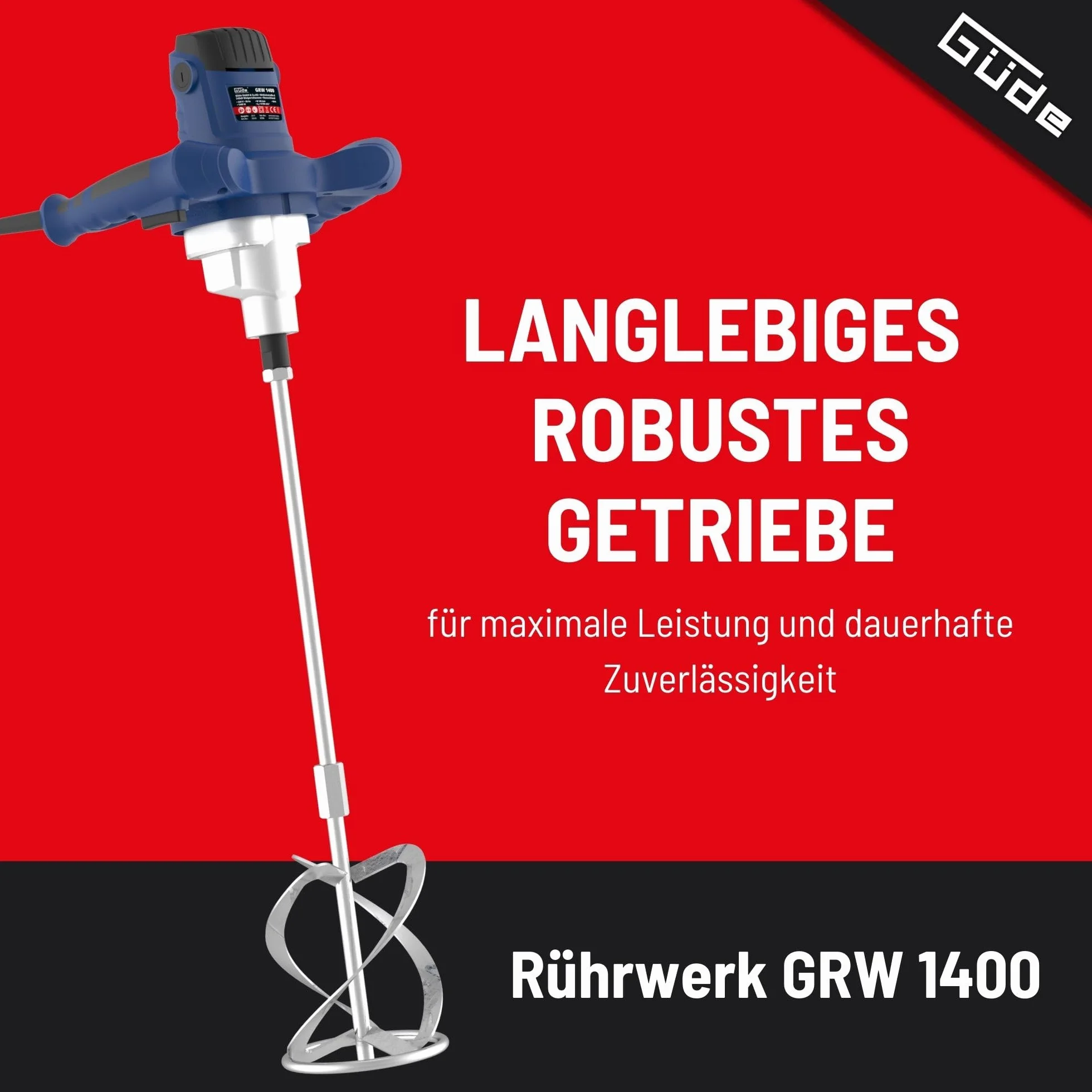 Güde Mieszadło GRW 1400 (1400 W, bezstopniowa elektroniczna regulacja prędkości obrotowej w uchwycie 0-760 1/min, metalowa przekładnia, ergonomiczny, uchwyt mieszadła M14, mieszadło ø 140 mm do