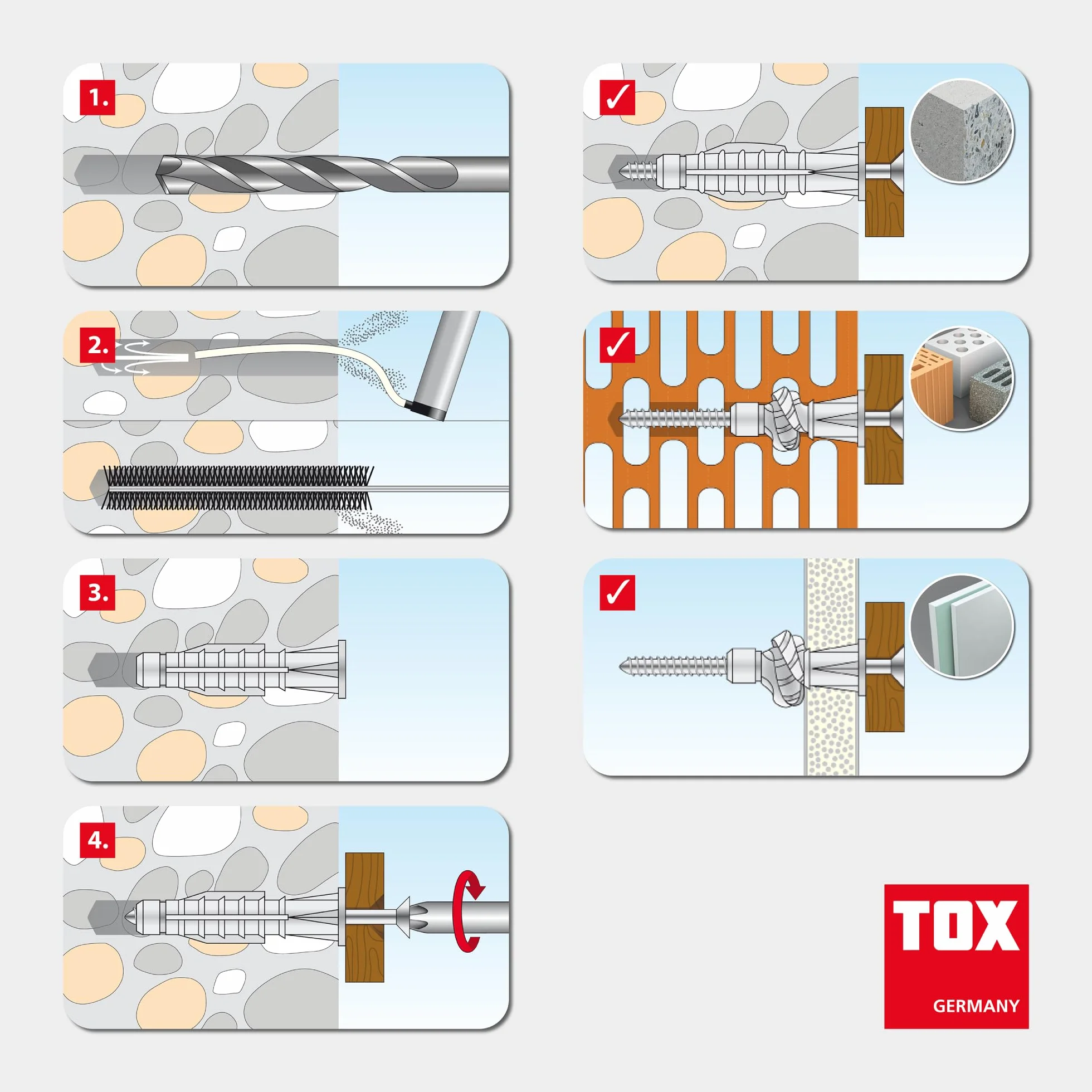 TOX Kołek uniwersalny TRIKA 8/51 – do niemal wszystkich materiałów budowlanych, łatwy montaż, zabezpieczenie przed obracaniem, kołnierz chroni powierzchnię, 30 szt., 01119082