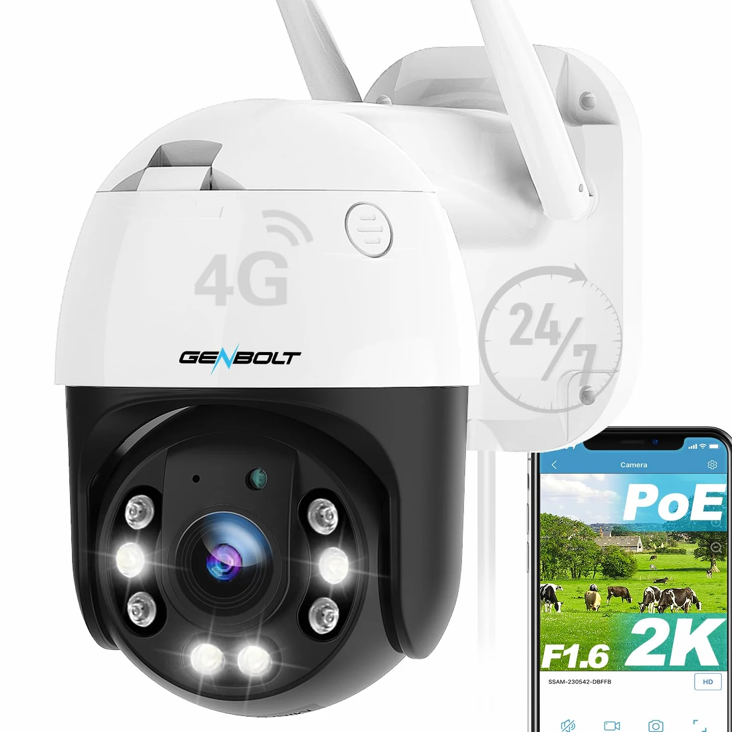GENBOLT 2K 3G/4G LTE Zewnętrzna Kamera Monitorująca z Kartą SIM, CCTV Bezprzewodowa PTZ Kamera IP, Kolorowe Widzenie Nocne