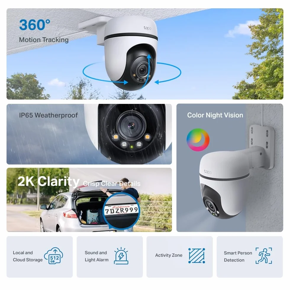 Tapo C510W 2 sztuki Zewnętrzna kamera WiFi 2K 3 MP 360° kolorowe widzenie nocne IP65 wodoodporna dwukierunkowy dźwięk Alexa