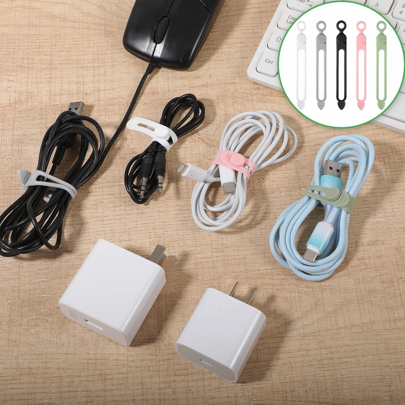 20 sztuk opasek kablowych, regulowane, silikonowe organizery kablowe, wielokrotnego użytku, elastyczne opaski kablowe, do domu, biura, kuchni, słuchawek, ładowarki, kabla USB do komputera