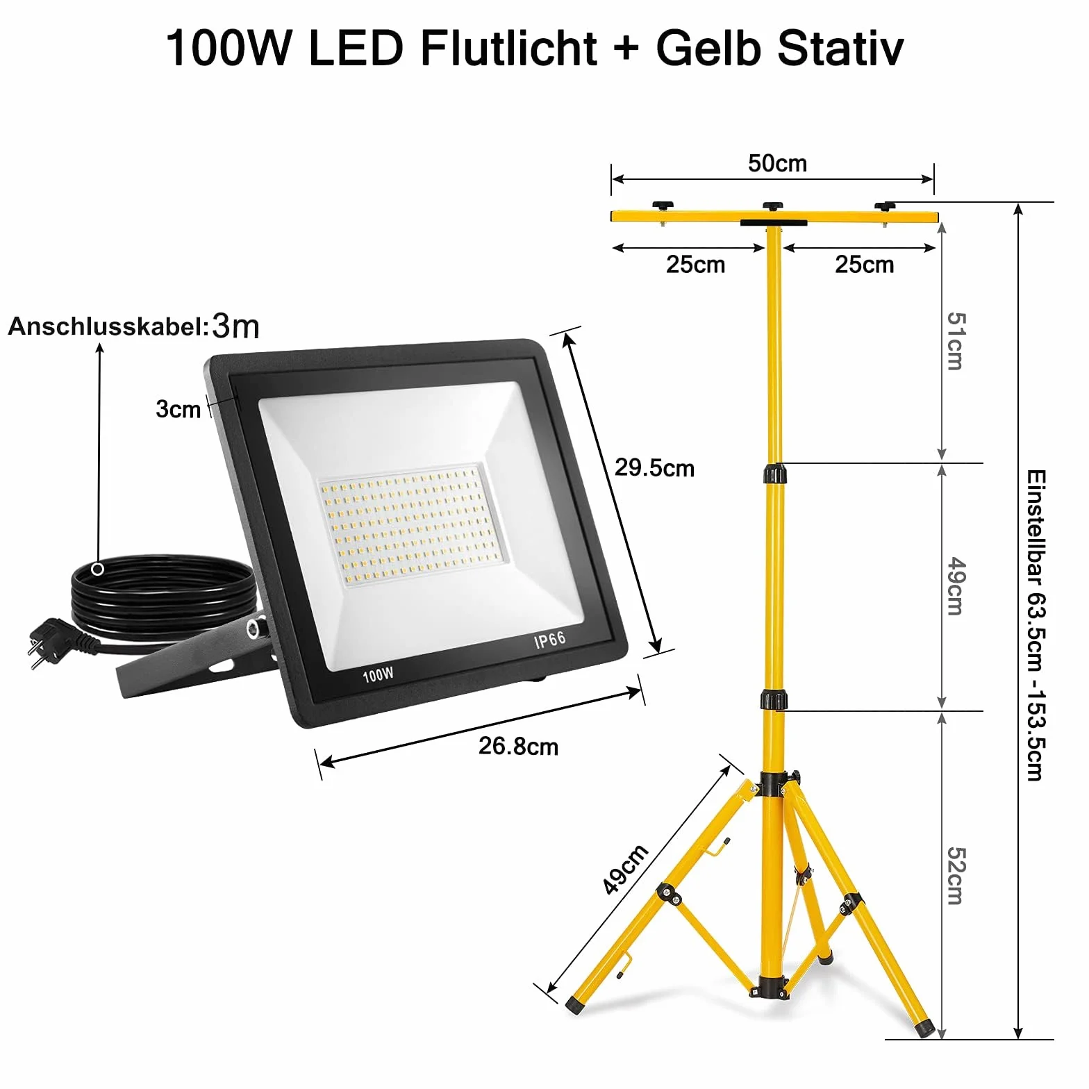FIVMEN Reflektor budowlany 2 x 100 W 8500 lm LED reflektor lampa robocza ze statywem i wtyczką kabla 3 m, wodoszczelna IP66, do garażu, warsztatu, placu budowy, ciepła biel