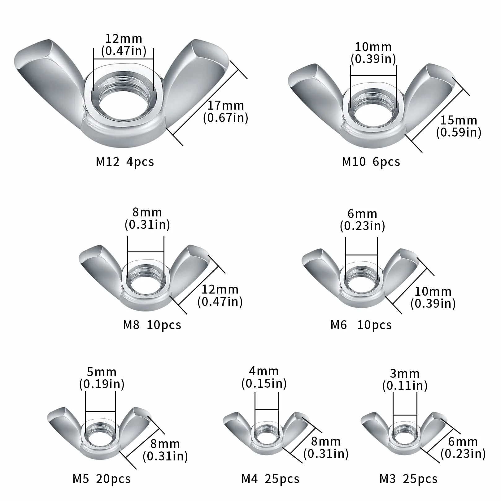 Zestaw 100-częściowy, Motylkowe Nakrętki ze Stali Nierdzewnej M3/M4/M5/M6/M8/M10/M12, Zestaw do Samodzielnego Montażu, Elektronika, Części Maszyn