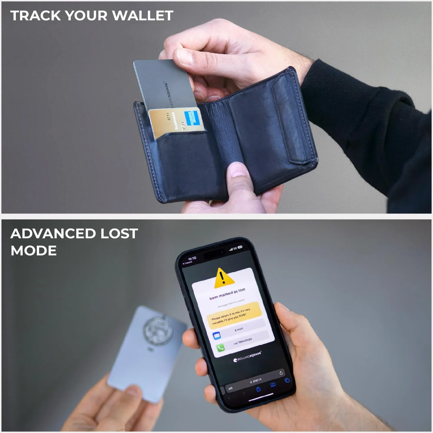 Rolling Square AirCard E, kompatybilny z funkcją Znajdź moją sieć, ładowalny lokalizator kart Bluetooth z kodem QR wizytówki - super cienki 0,12 cala