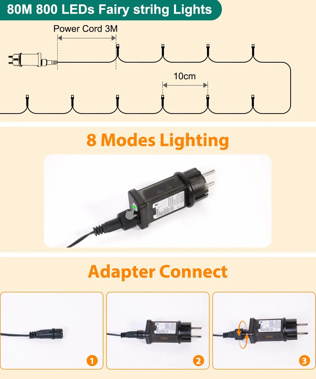 Łańcuch świetlny LED 80 m, 800 diod LED, IP44 Wodoodporny z Pilotem i Pamięcią, 8 Trybów i Timer, Ciepłe Białe Światło do Ogrodu, Wesela, Świąt i Przyjęć