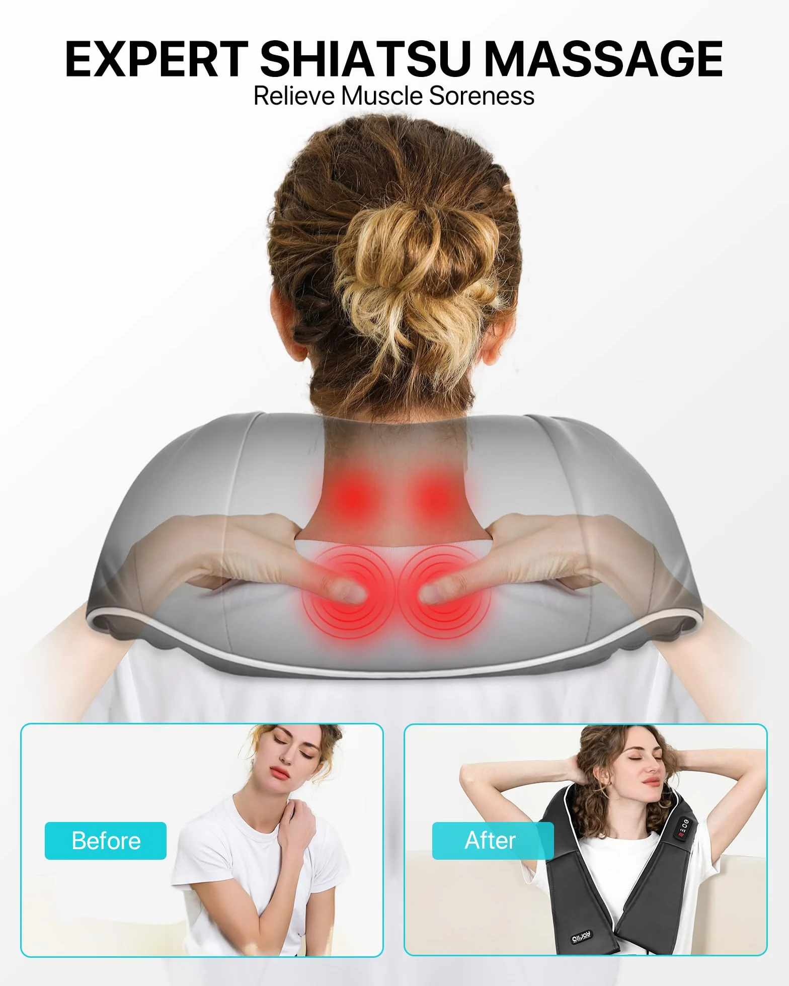 Masażer karku z ciepłem, 3D Neck Masażer Shiatsu do masażu pleców, ramion, prezent dla kobiet i mężczyzn, urządzenie do masażu pleców dla taty i mamy