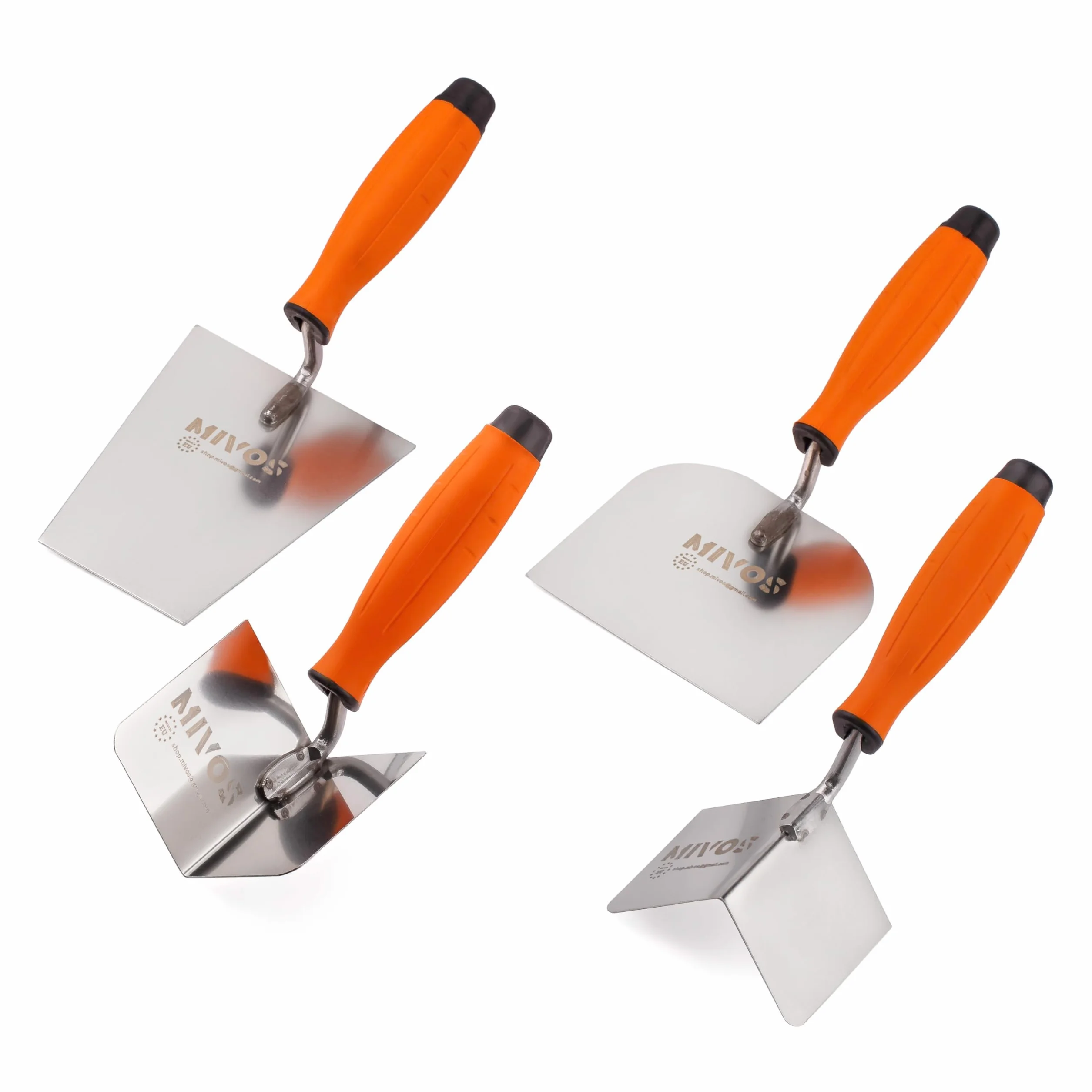 Mivos 4-częściowy zestaw kielni – 2 x kielnia narożna ze stali nierdzewnej 80 x 60 mm – kielnia sztukatorska 120 x 128 mm – kielnia trapezowa 160 x 75 mm – zestaw ze stali nierdzewnej – miękki uchwyt