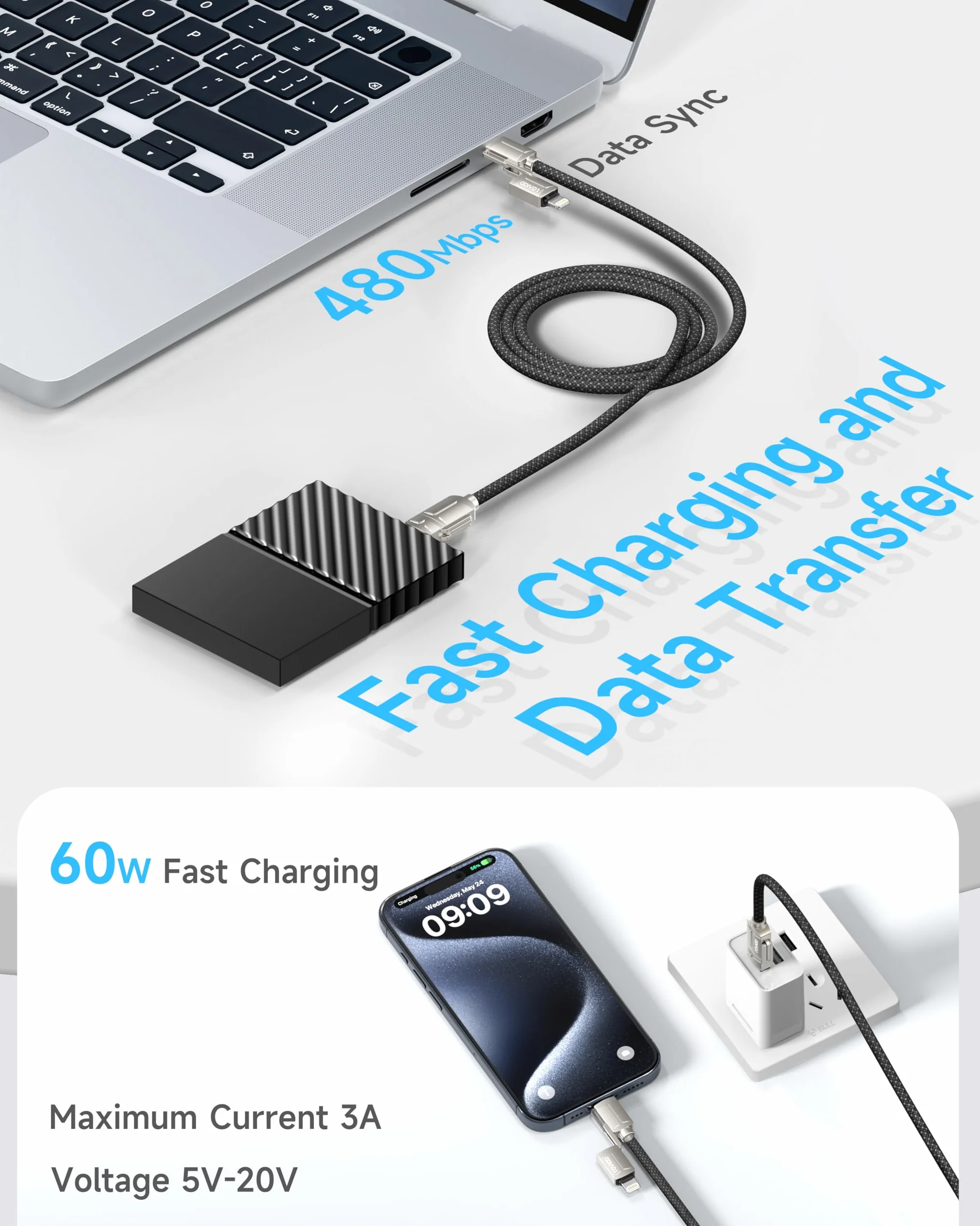 RAVIAD Kabel USB 4w1 60W PD 3A Szybkie Ładowanie USB C/USB A do Lightning USB C