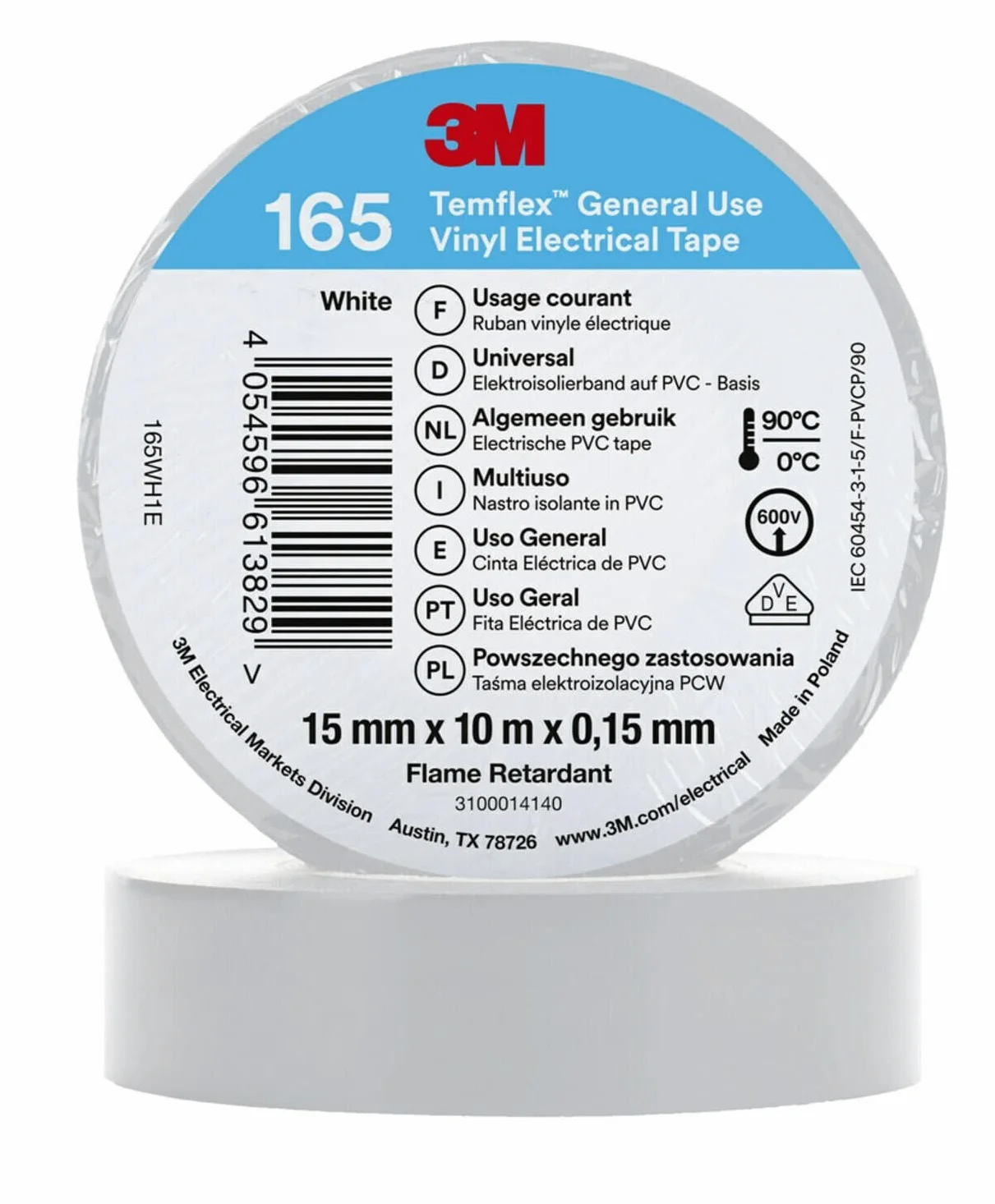 3M Temflex Winylowa taśma elektryczna 165, biała, 15 mm x 10 m, 100 rolek/obudowa