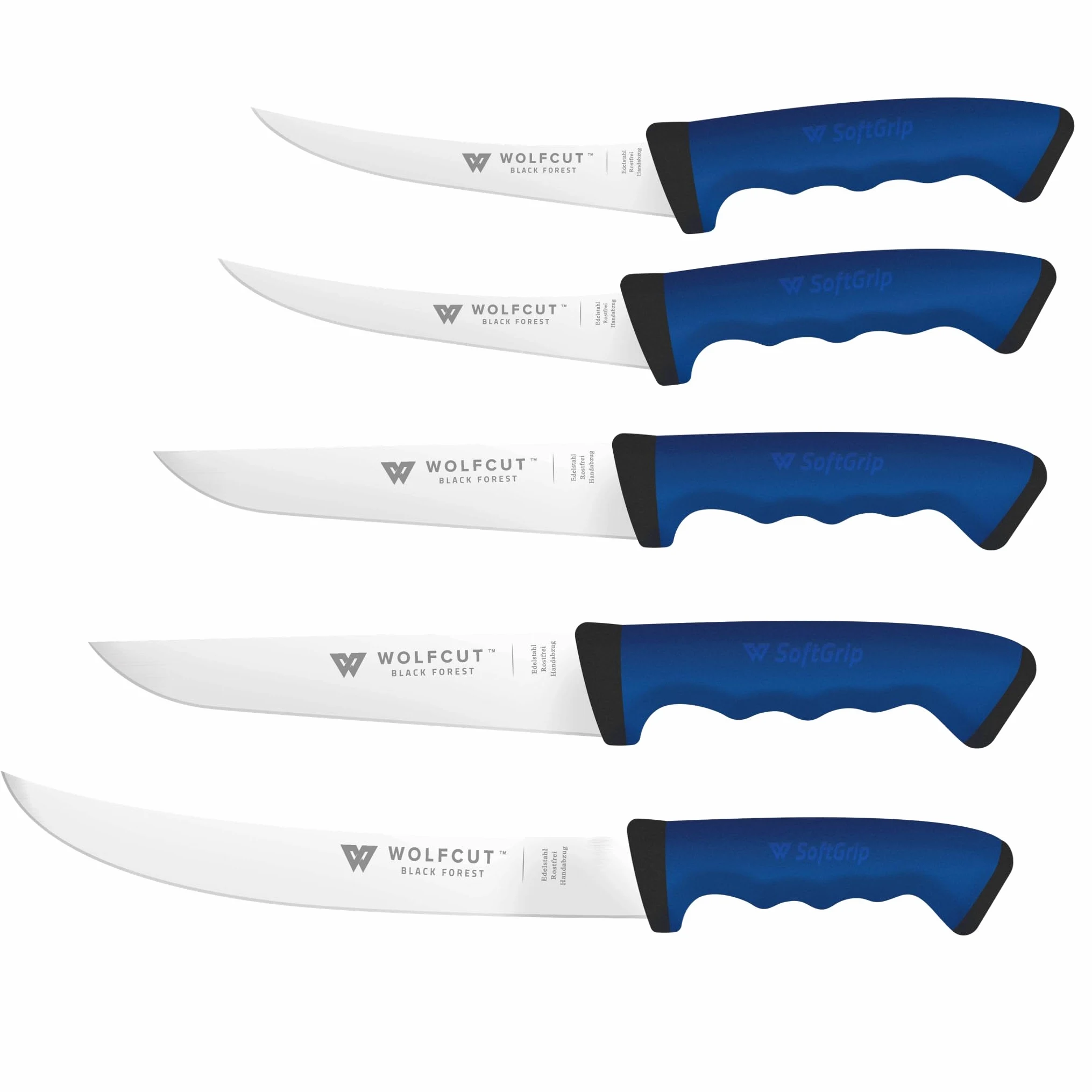 Wolfcut SoftGrip seria BLUE – 5-częściowy zestaw noży rzeźniczych – nóż do filetowania 13 i 15 cm, nóż do wykrawania, nóż do krojenia
