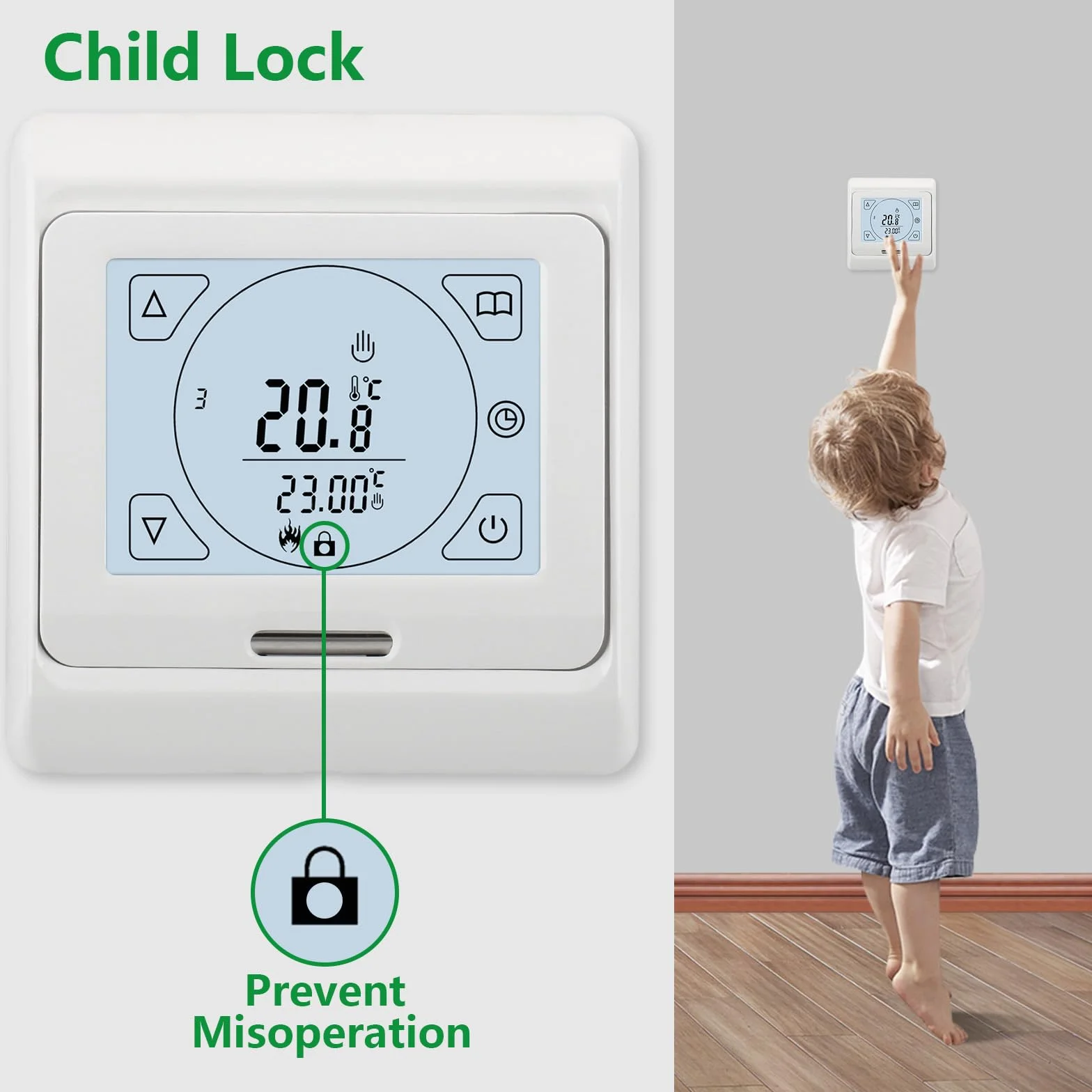 Wengart WG809 termostat pokojowy, cyfrowy wyświetlacz LCD, przyciski dotykowe, programowanie tygodniowe, wyjście 230 V 16A, odpowiedni do elektrycznych urządzeń grzewczych, z zewnętrznym czujnikiem 3m