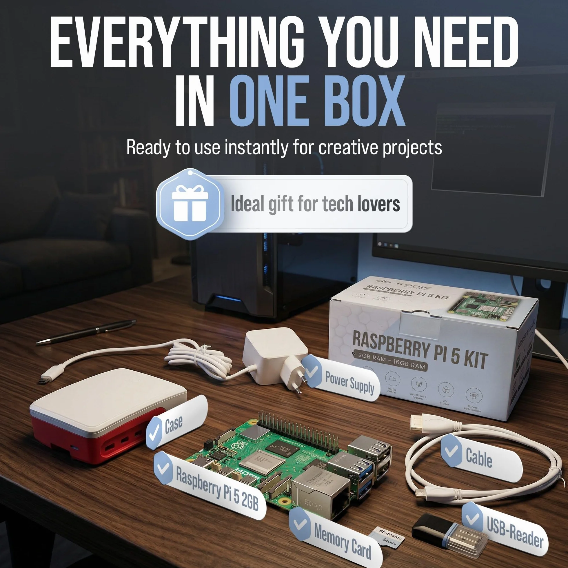 db-tronic Raspberry Pi 5 2 GB Starter Kit | Edycja 64 GB | Zasilacz 27 W | Obudowa z wentylatorem | Micro HDMI 4K | Aluminiowy radiator | idealny do Home Assistant i smart home