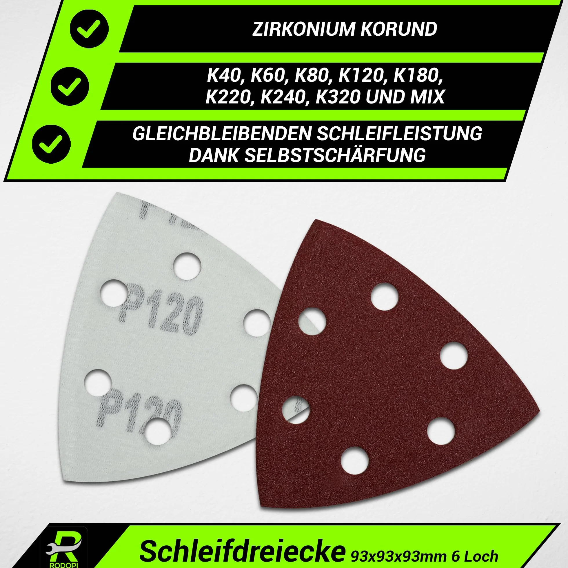 RODOPI RedDevil papier ścierny trójkątny dla szlifierki delta, ziarnistość 40-320, cyrkon korund na rzep, 93x93x93 mm, papier ścierny delta, 6 otworów dla szlifierki trójkątnej - 50 sztuk mix