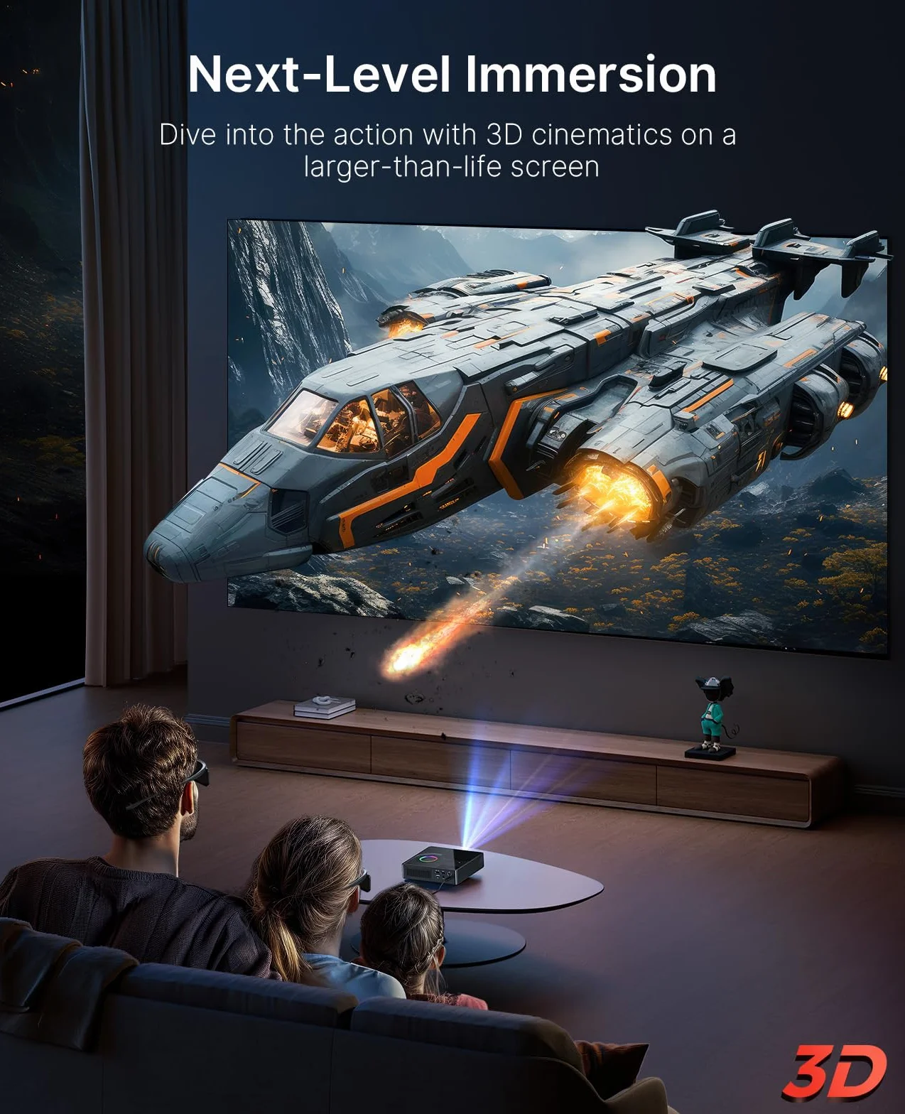NexiGo Nova Mini, przenośny projektor laserowy, Google TV z Netflix, 1080p FHD, 1200 lumenów, kontrast 15 000:1 z SAE, 3D, automatyczna konfiguracja, ekran 150", 8W Dolby Audio