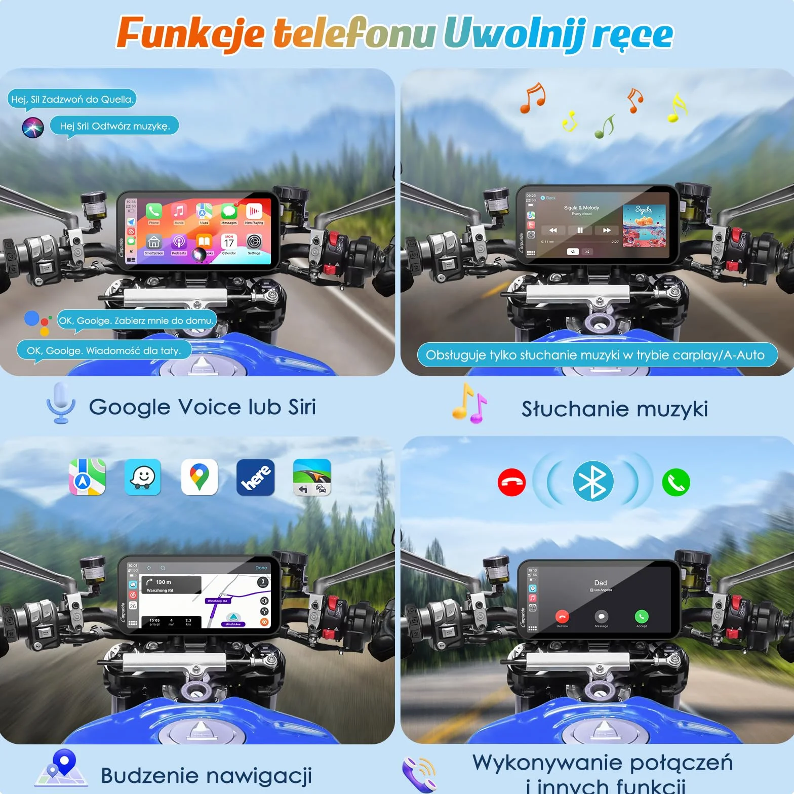 Carpuride W603 Ekran motocyklowy Carplay, Bezprzewodowa funkcja CarPlay i Android Auto dla Moto, Pilot zdalnego sterowania, Wodoodporny ekran dotykowy 6,3 cala, Nawigacja GPS, Siri, Asystent G00gle
