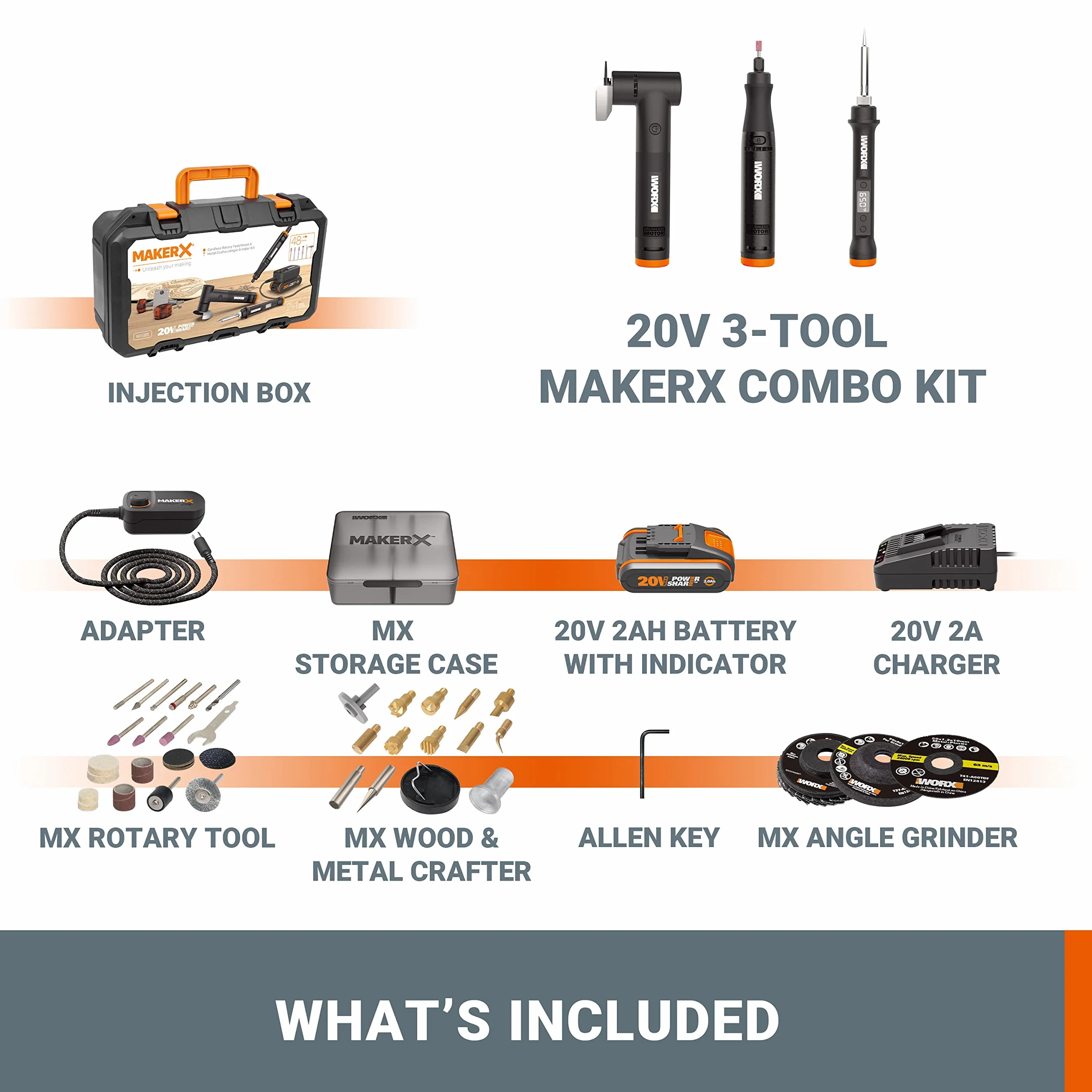 WORX MakerX 18V (20 V MAX) narzędzie obrotowe + grawer do drewna i metalu + szlifierka kątowa, zestaw Combo 3 narzędzia WX991, PowerShare, 1 bateria w zestawie, 48 akcesoriów w zestawie