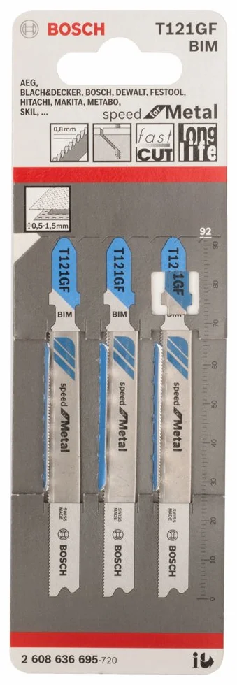 Bosch 3x Brzeszczot do wyrzynarki T 121 GF Speed for Metal (do Blachy stalowe, długość 92 mm, profesjonalne akcesoria do wyrzynarki)