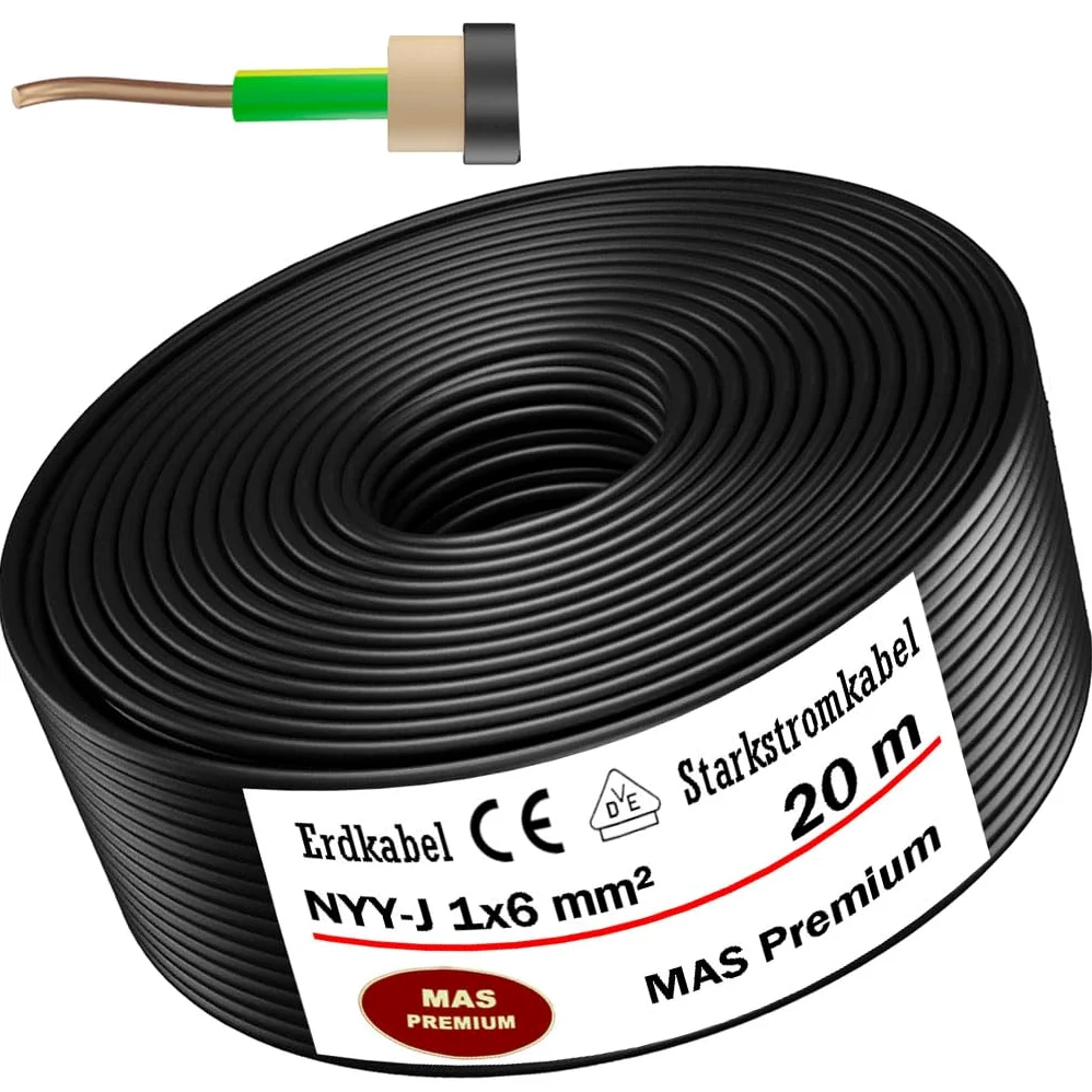 MAS Premium 5-100 m kabel ziemny NYY-J 1 x 4, 6, 10, 16 lub 25, kabel elektryczny OFC pierścień do układania na wolnym powietrzu, w ziemi (NYY-J 1 x 6 mm², 20 m)
