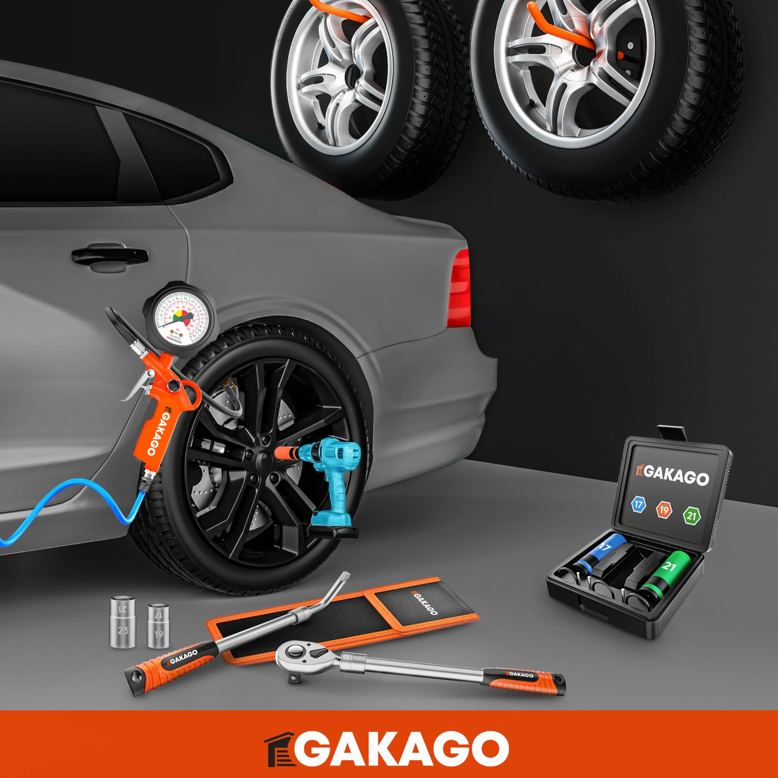 Gakago Zestaw nasadek do śrub kół 17mm 19mm 21mm z plastikową osłoną obręczy - nasadka 1/2 cala do kluczy dynamometrycznych i udarowych z zawleczką i pierścieniem zabezpieczającym