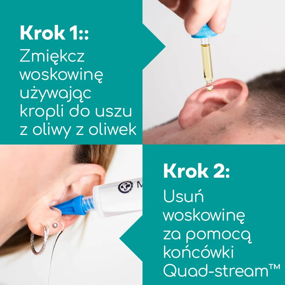 Zestaw Ze Strzykawką do Płukania Uszu od Medi Grade – z Kroplami z Oliwy z Oliwek – Wielorazowy – 3x Miękkie Końcówki Quad-Stream Do Usuwania Woskowiny – Na Zatkane Uszy Do Użytku Domowego