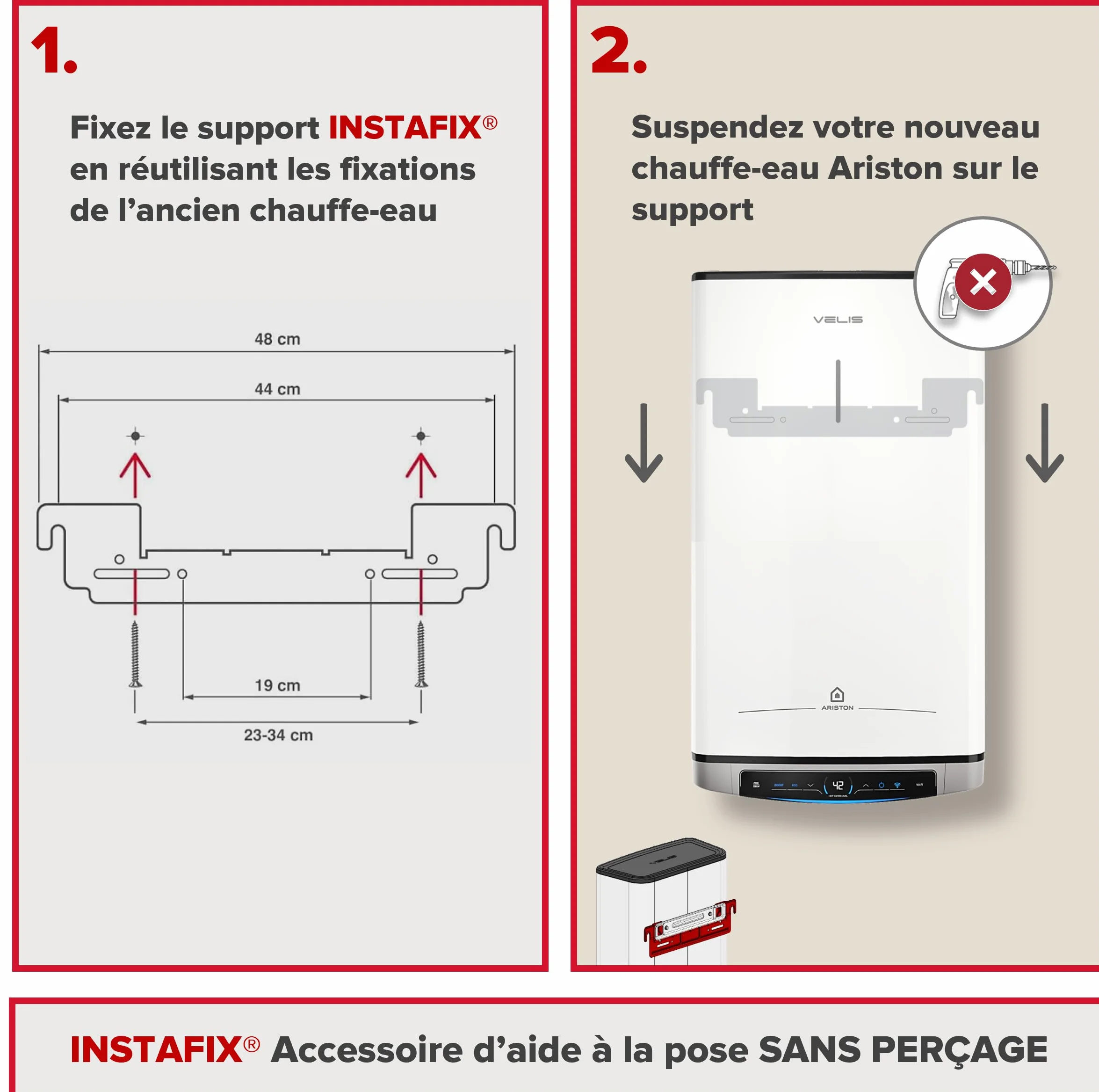 Ariston - INSTAFIX, uniwersalny uchwyt do elektrycznego podgrzewacza wody, pomoc w montażu bez wiercenia, zaprojektowany i wyprodukowany do instalacji we Francji. z mocowaniem ściennym podgrzewaczem