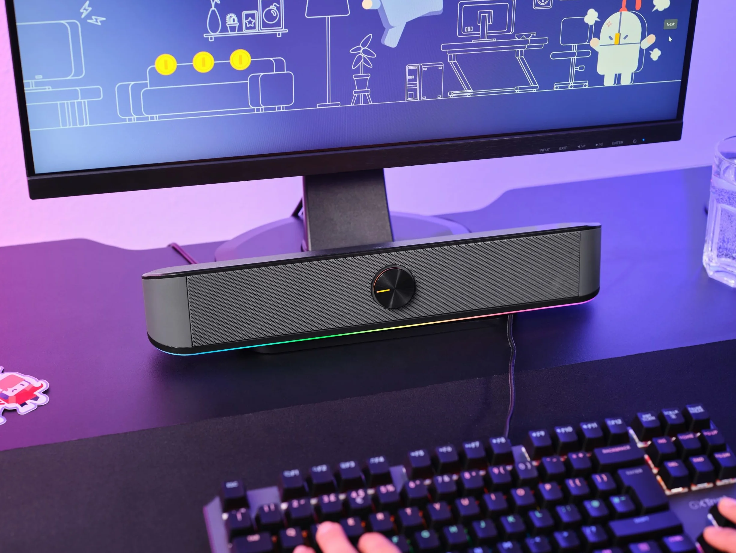 GXTrust 1619 Rhox soundbar RGB, podświetlane głośniki PC, moc szczytowa 12 W, głośnik stereo zasilany przez USB, połączenie audio jack 3,5 mm, soundbar do komputera i laptopa, szary