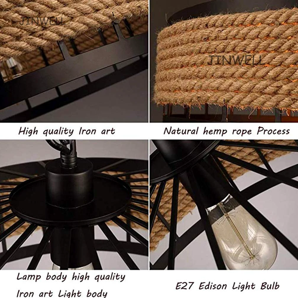Lampa wisząca w stylu vintage/industrialnym/retro - żyrandol do salonu, okrągły, lina konopna, żelazna klatka, gwint E27, 1 głowica