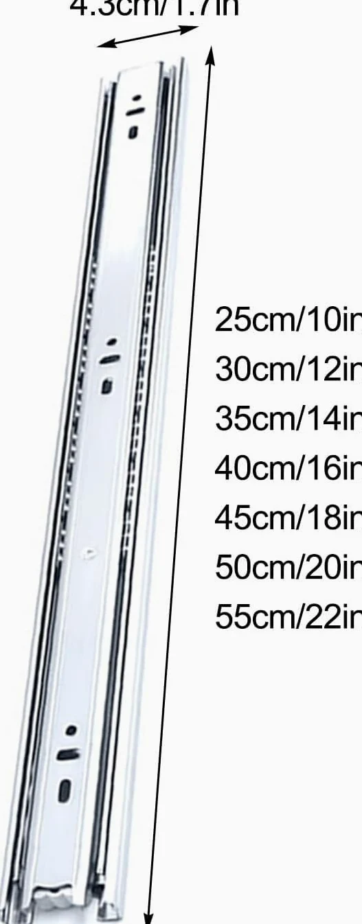 2-częściowe prowadnice do szuflad, nośność 45 kg, z kulką, mocowanie boczne, metalowe, wyciszenie trzyczęściowe, mebli, komód lub szafek(40cm/16inches)