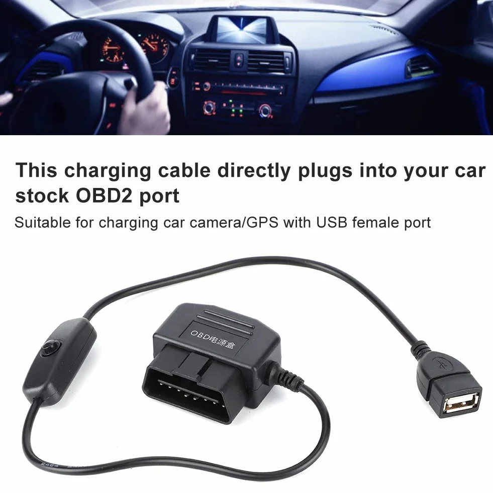 Kabel zasilający OBD2 na USB 16 pin do Dash Cam samochodowej 18.7 cala