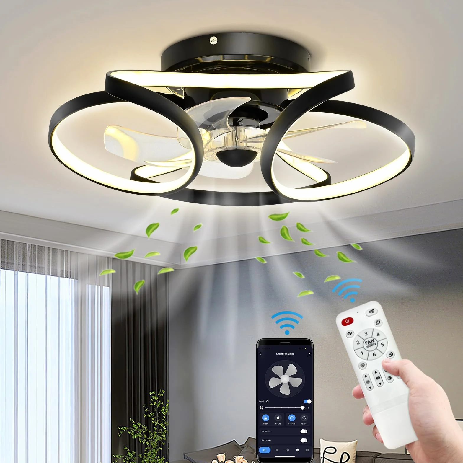 Wentylatory sufitowe z oświetleniem pilotem, niemy DC 30W LED wentylatorów, 6 prędkości wiatru, timer, inteligentne oświetlenie wentylatora w salonie, sypialnia, pokój dla dzieci, restauracja-50 cm