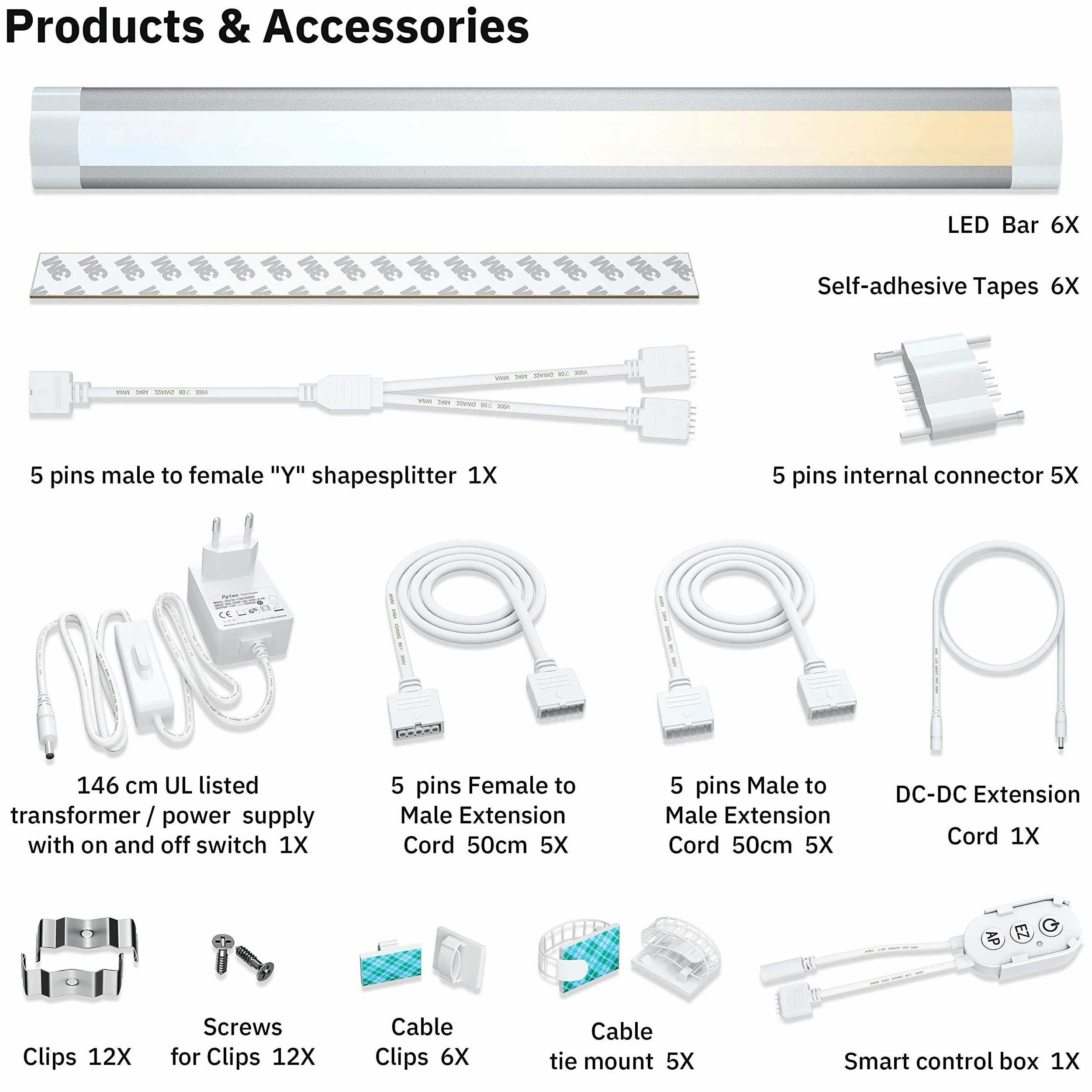 LAMPAOUS Oświetlenie podszafkowe LED Smart ściemnianie 4 W x 6 24 W 2700 K do 6500 K lampka nocna oświetlenie szafy, listwa świetlna kompatybilna z Echo Alexa Siri Echo Google Home i IFTTT (nie jest potrzebna)
