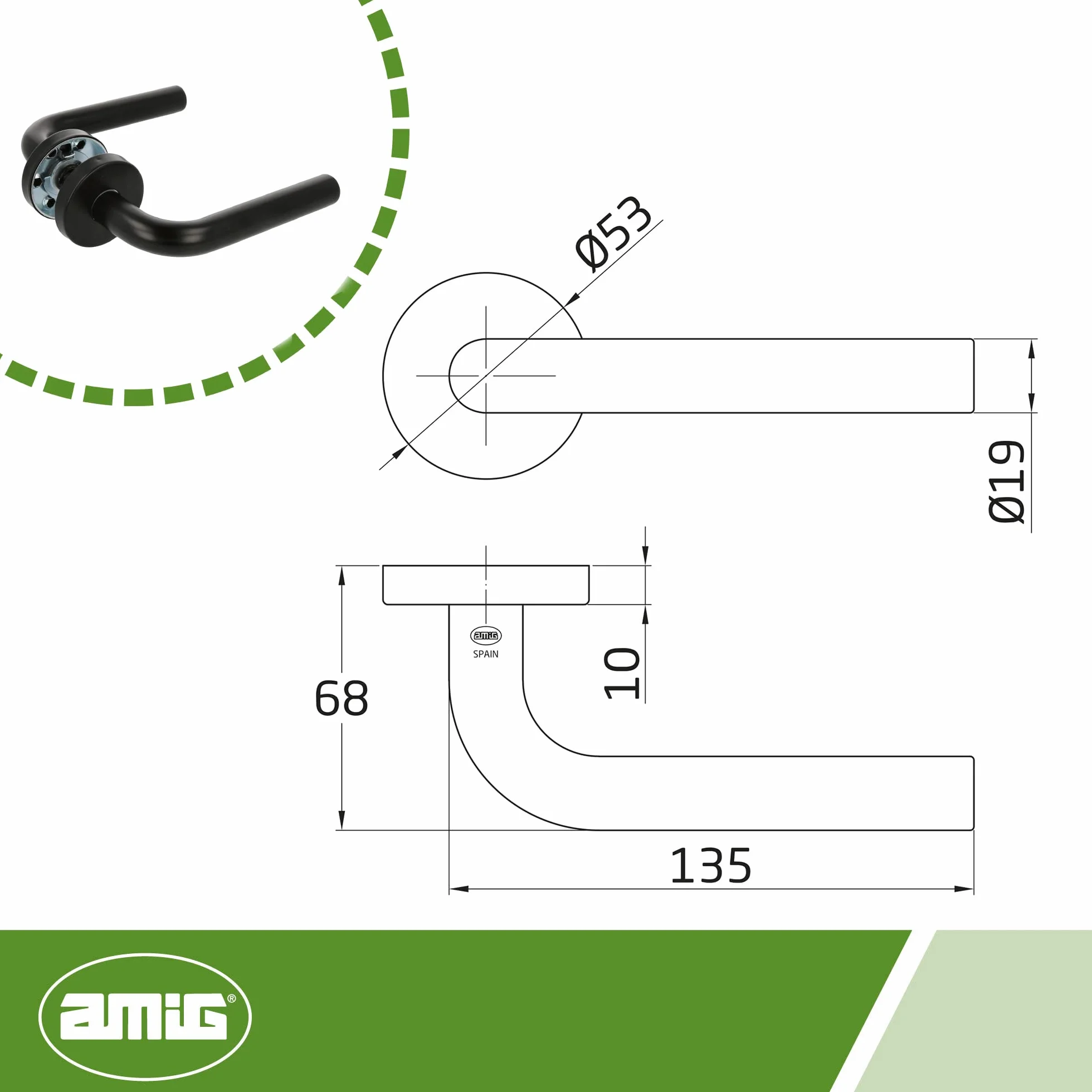 Amig - Zestaw klamek do drzwi z rozetą wewnętrzną | Mod. 4RX | 135 x Ø19 mm | 8 mm kwadrat | elegancki i prosty design | czarna stal nierdzewna