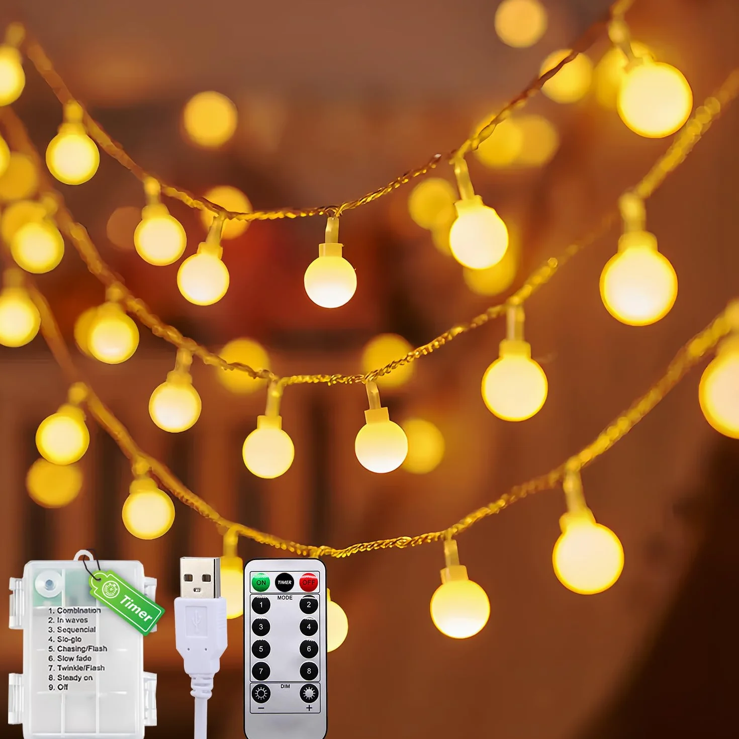 Świąteczne światełka 12M + 1M 100 Led, 8 Modes Garland Lights Indoor, Baterie lub USB, Fairy Lights z funkcją timera, na zewnątrz i wewnątrz, do ogrodów, domów, ślubów