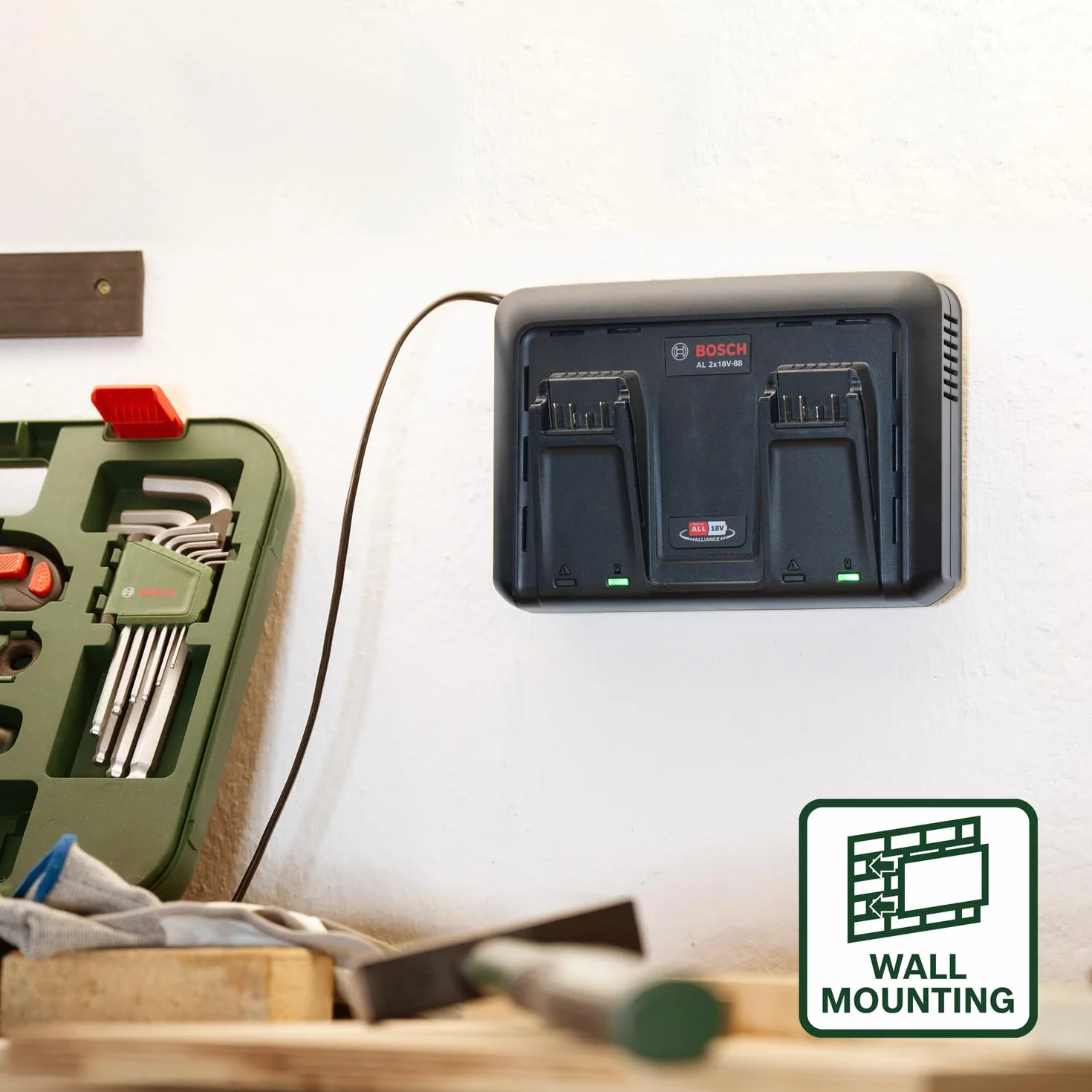 Bosch Ładowarka AL 2x18V-88 (18V, 2x 4,4A; Jednoczesne ładowanie 2 baterii 18V; 18V POWER FOR ALL ALLIANCE)