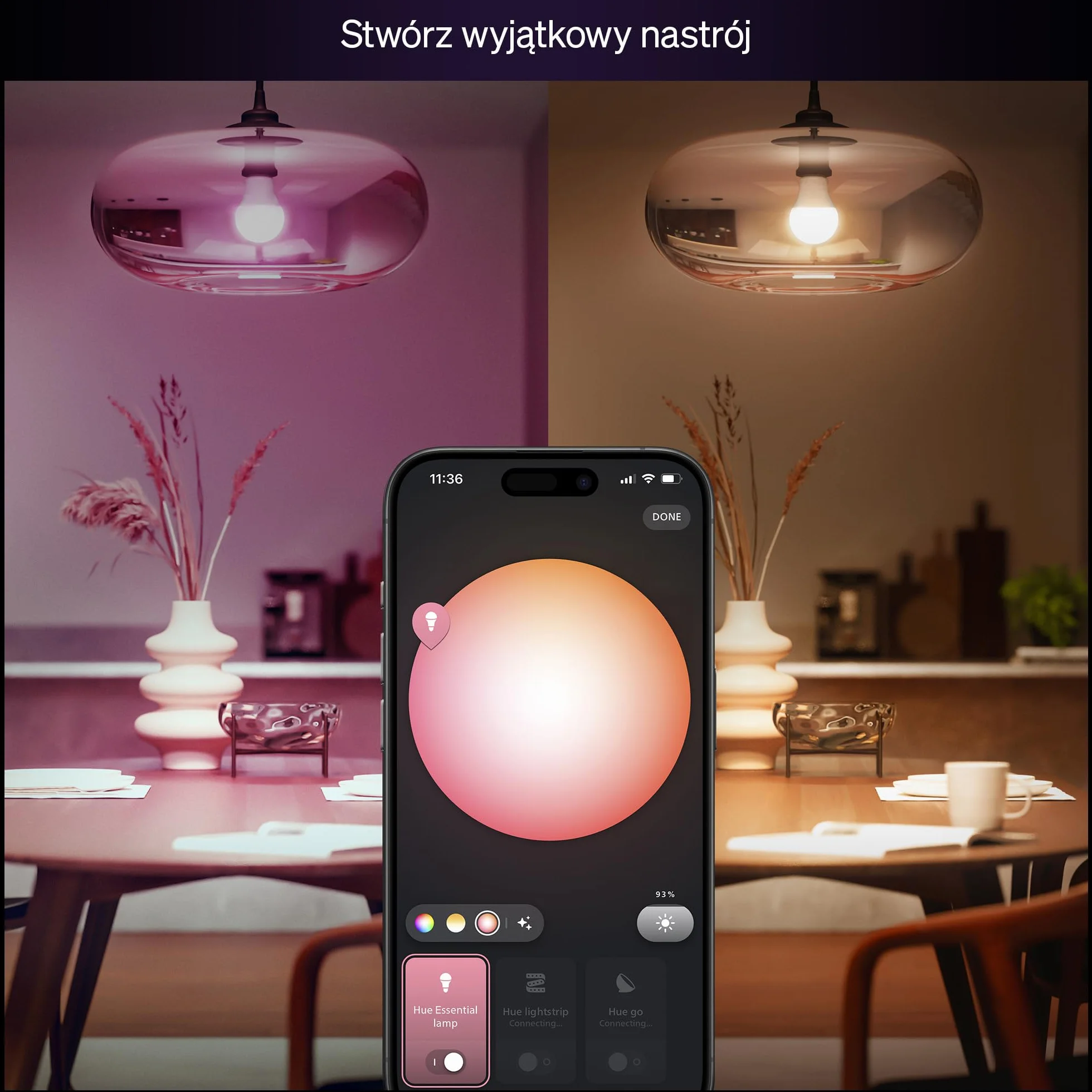 Inteligentna Żarówka Philips Hue LED Essential Smart A60, White & Colour Ambiance, E27, 8 W, 2200K–6500K, 806 lumenów, przyciemnianie, Żarówka LED działa z Alexą, Asystentem Google i Apple Home, 1 szt