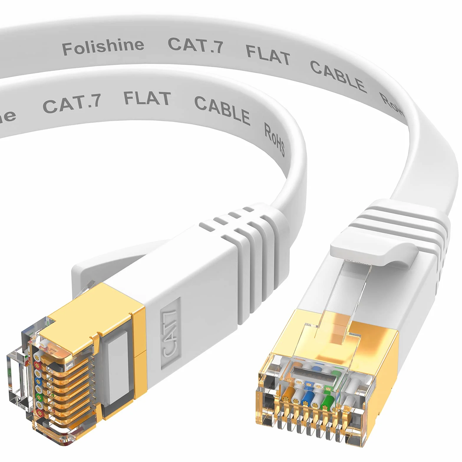 Folishine Kabel Ethernet Cat7 o dużej przepustowości, 5 m, płaski kabel LAN ze złączem STP RJ45 do routera, modemu, szybszy niż Cat5e/Cat5/Cat6/Cat6e - biały