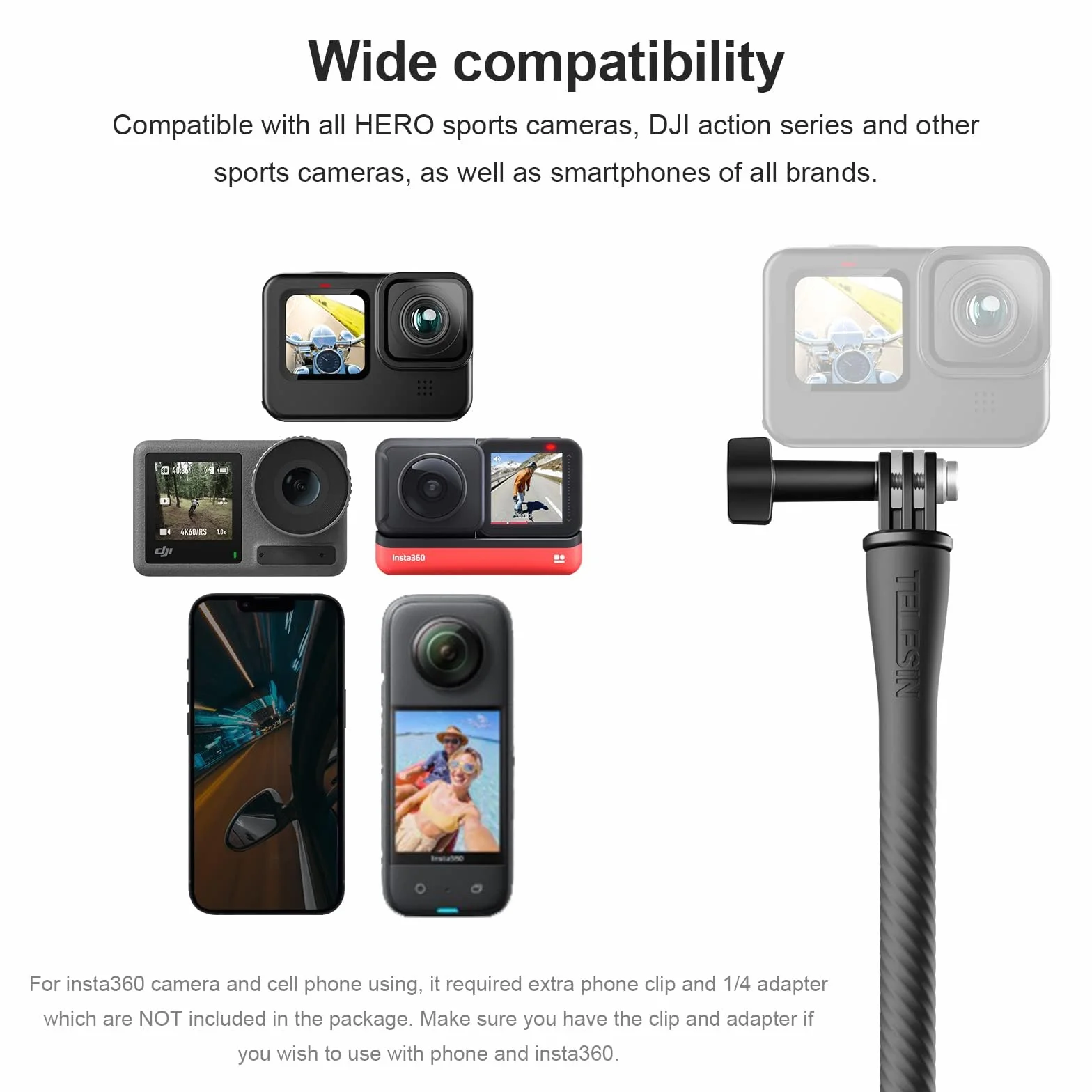TELESIN Elastyczny uchwyt do selfie Monkey Tail Mount do GoPro Hero 13/12/11/10/9/8/7/6/5/Max, Insta 360 X4 X3, DJI OSMO Action 5 Pro 4 3, Monopod