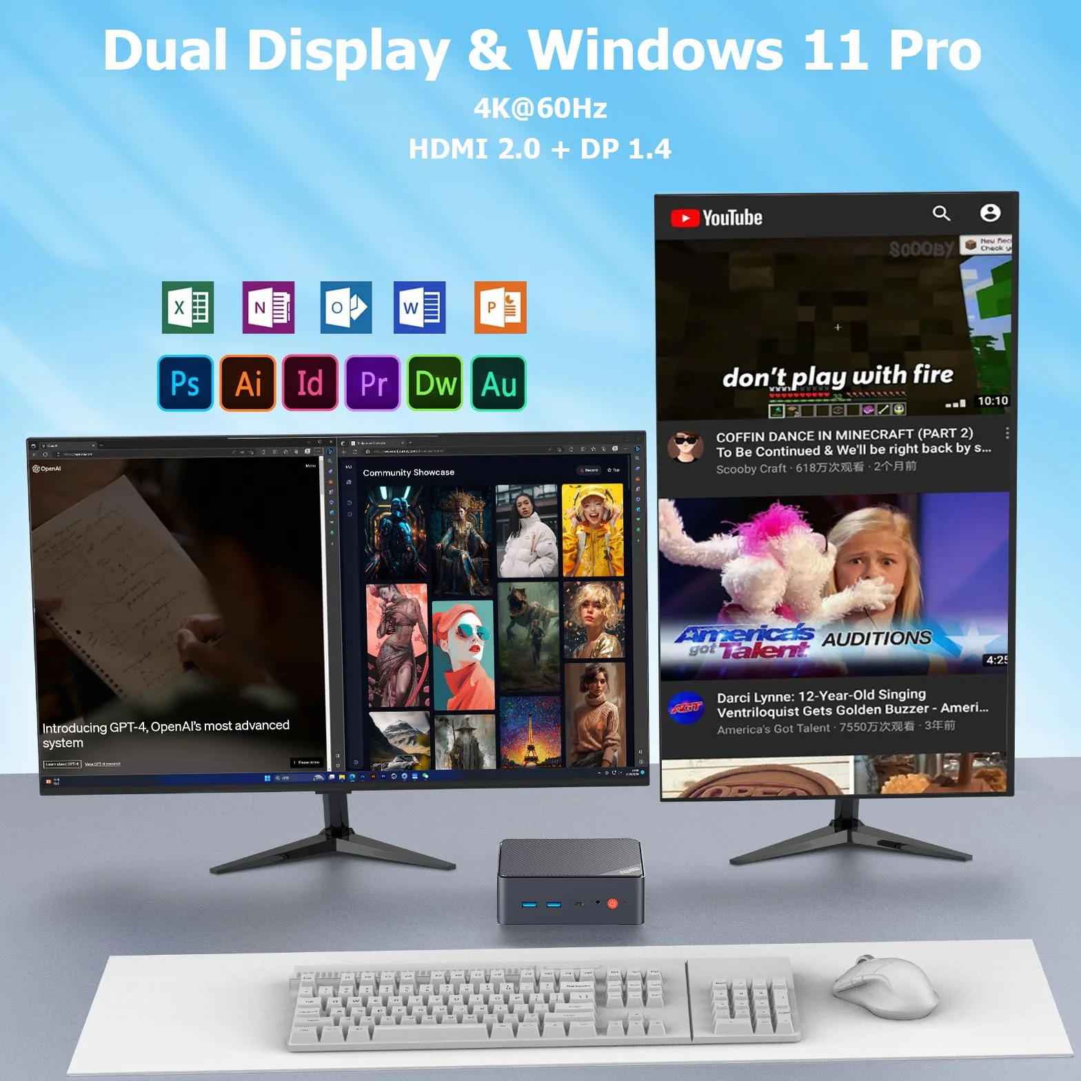 AWOW Mini PC W-11 Pro Twin Lake-N N150 Quad Core 3.60 GHz 16 GB DDR4 512 GB SSD Dual Display HDMI DP 4K@60 Hz Dual RJ45 Gigabit Ethernet