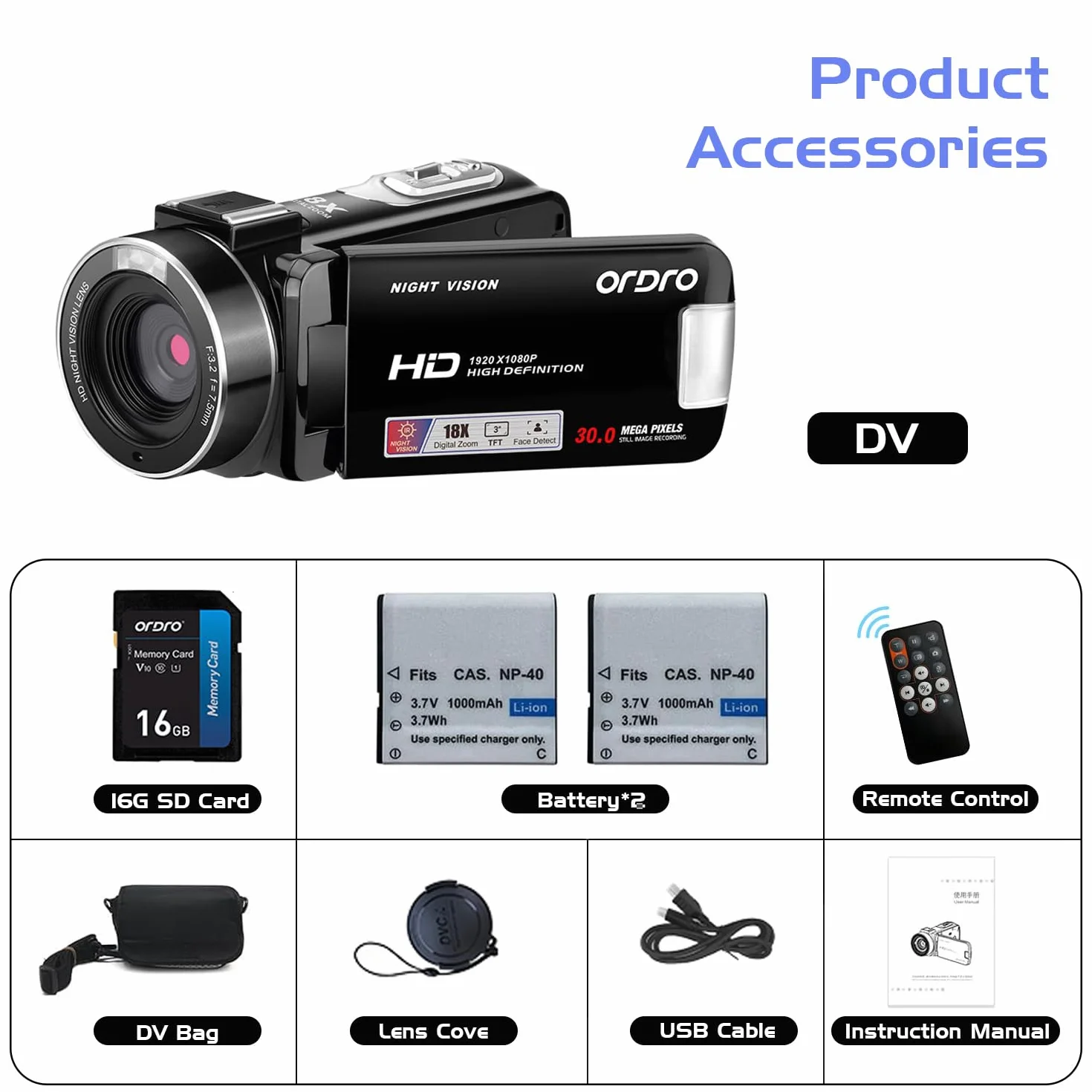 ORDRO Full HD 1080P 30MP kamera wideo 18x zoom cyfrowy IR noktowizor 3,0" obrotowy ekran 16GB 2 akumulatory czarny