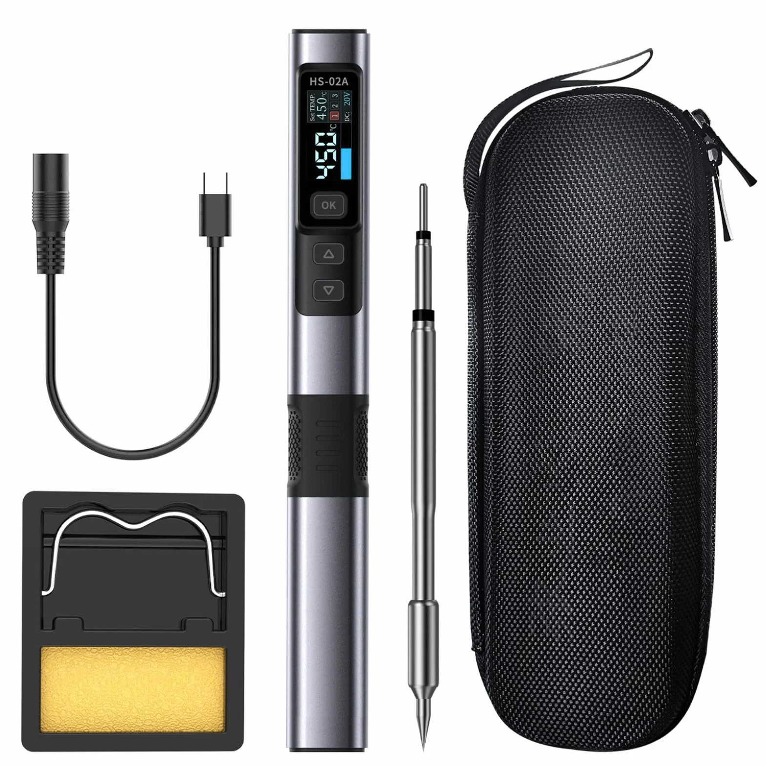Zestaw do lutowania HS-02A 100-450°C Inteligentny zestaw do sterowania temperaturą 100W Inteligentny zestaw do lutowania USB zasilanie PD/QC/DC 9-20 V nie ładowalne