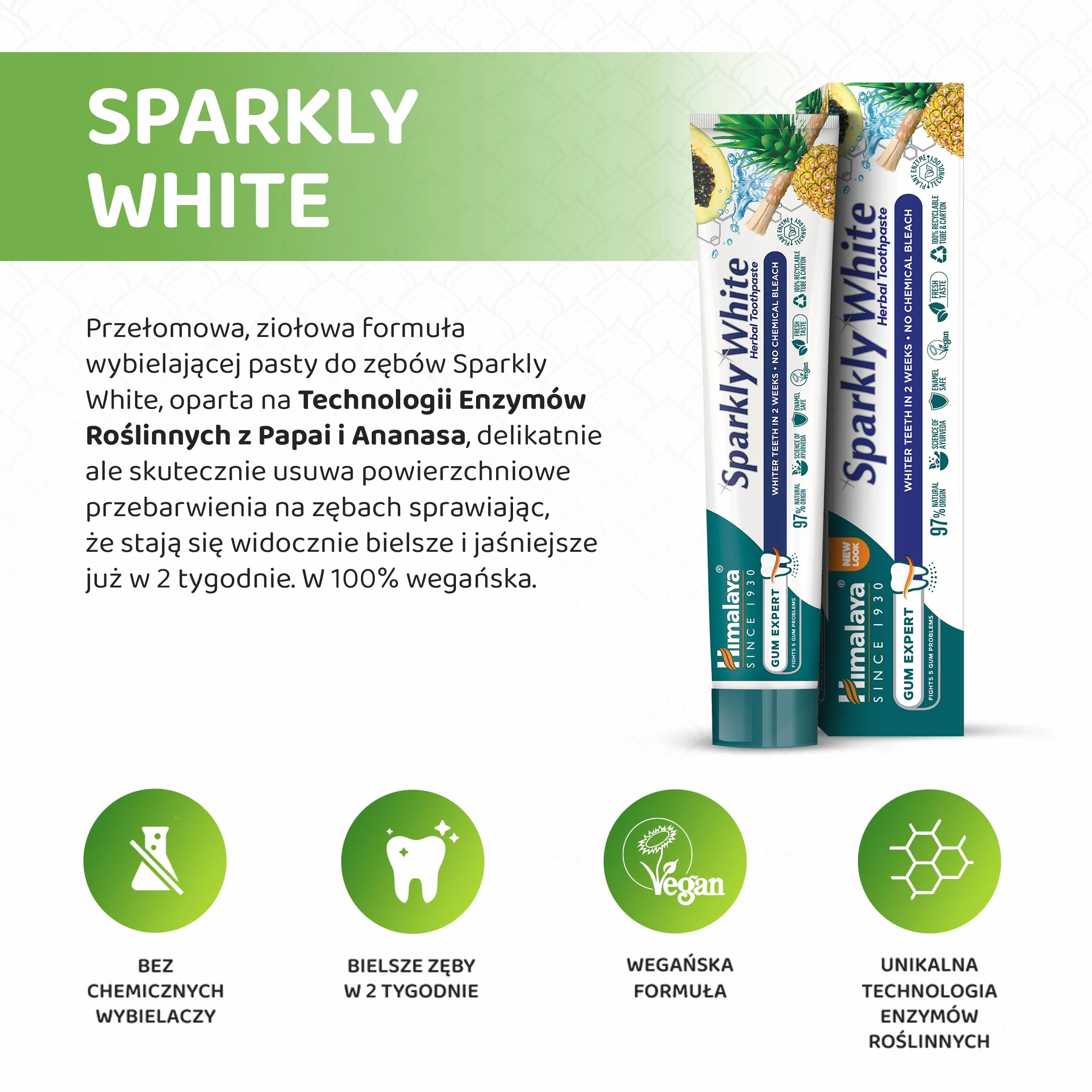 Himalaya Sparkly White Ziołowa Pasta do Zębów 75ml Wybielanie, Zdrowe Dziąsła, Bezpieczna dla Szkliwa, Wzmacnia Zęby | 97% Naturalnych Składników, Wegańska, Bez Fluoru, Technologia Enzymów Roślinnych