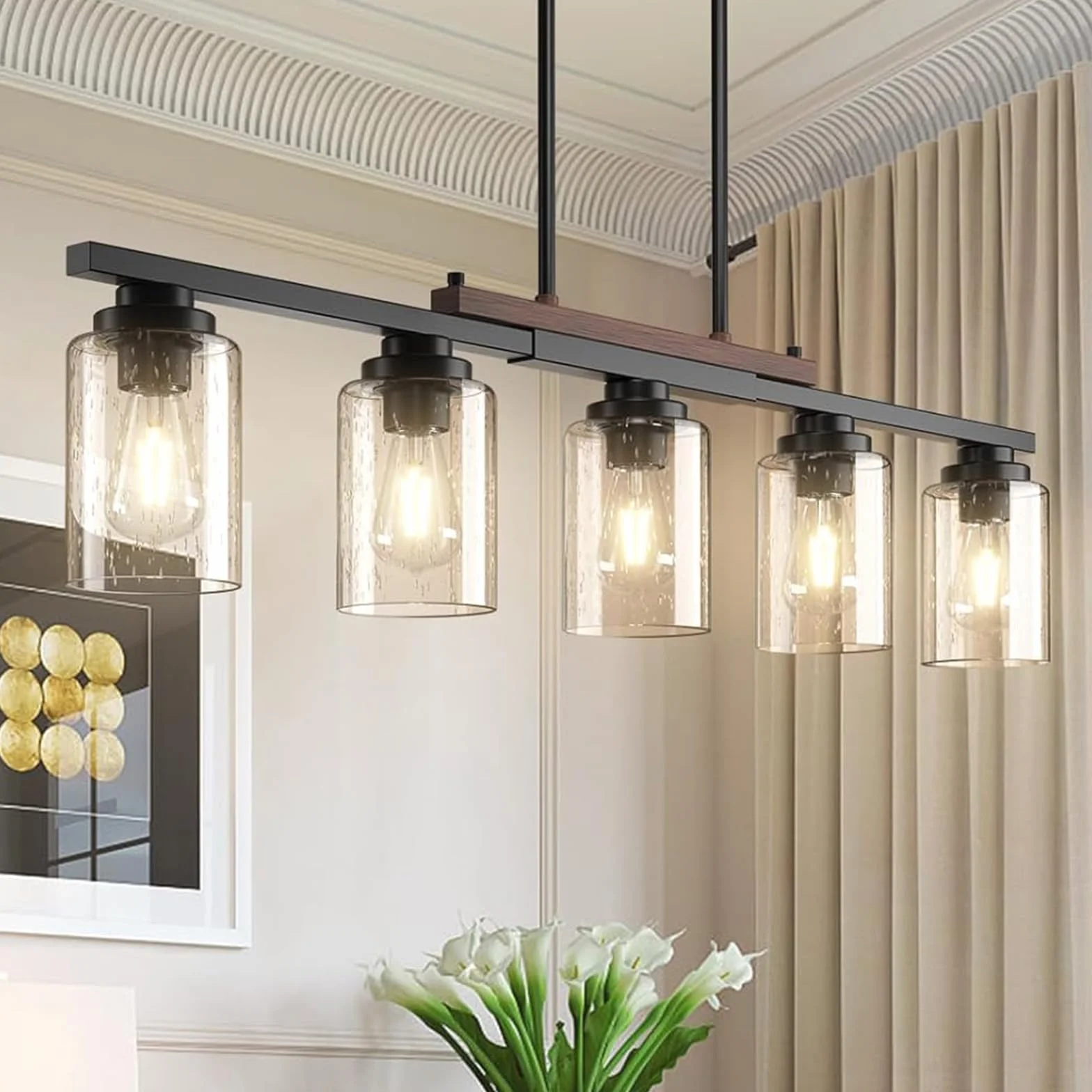 Żyrandol 5-ramienny, E27, vintage, rustykalne lampy kuchenne, sufitowe lampy przemysłowe wiszące z metalu i szkła, matowa czarna lampa wisząca do sypialni, korytarza, kuchni