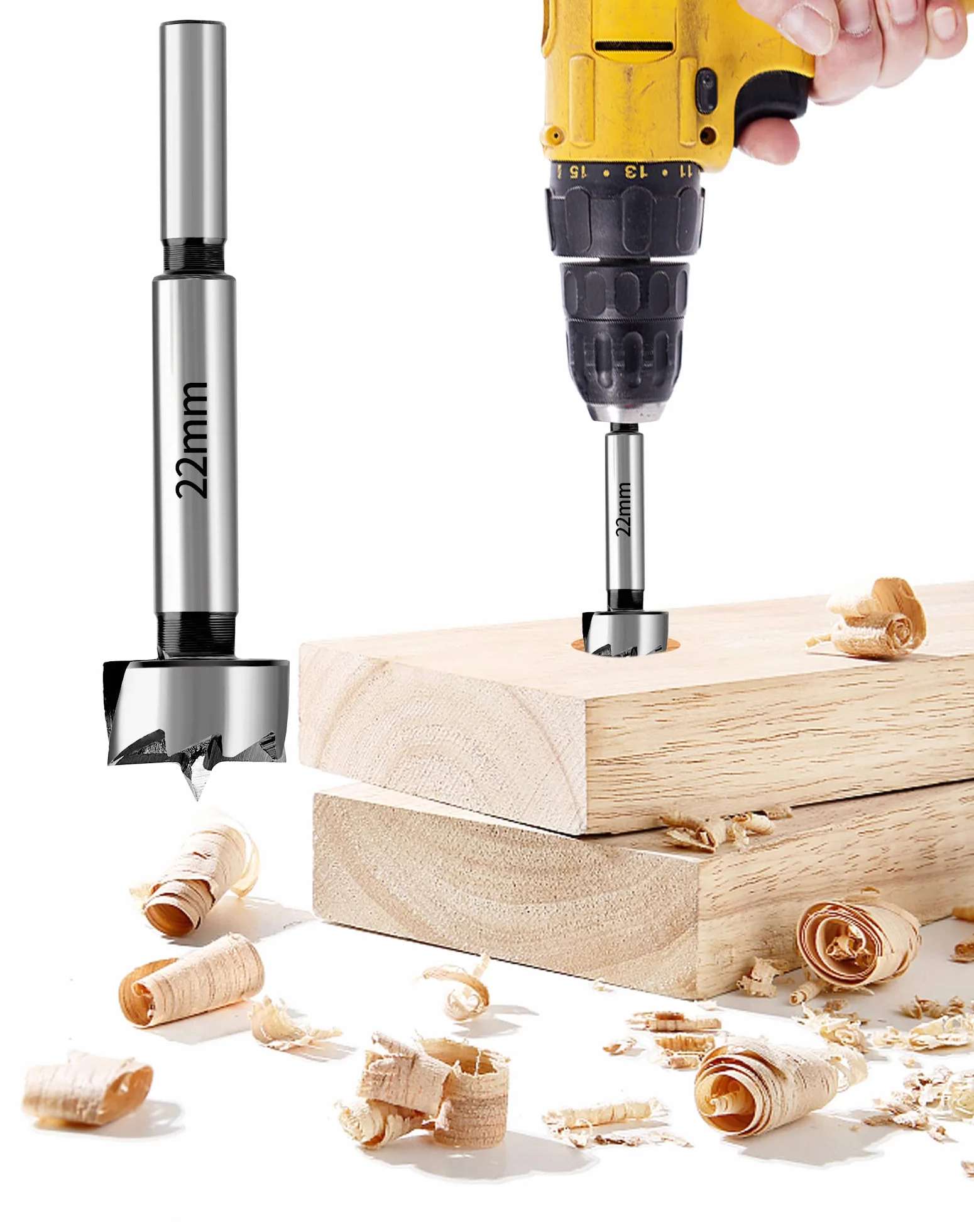 Wiertło Forstnera 22 mm LAOYE Forstner do drewna i tworzywa sztucznego, Ø 22,0 mm, bity Forstnera z okrągłym trzonkiem – profesjonalne nasadki wiertnicze z okrągłym trzpieniem, długość 90 mm,