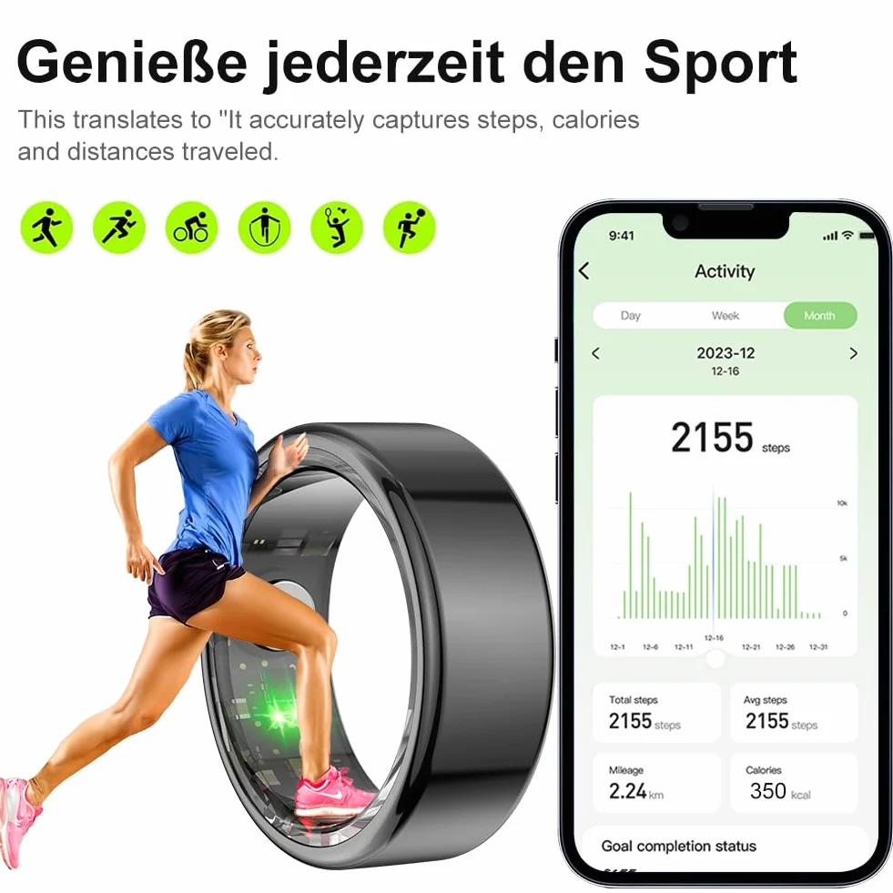 Smart Ring Fitness Tracker, 24h Heart Rate Blood Oxygen, lekki i stylowy, wodoodporny Bluetooth 5ATM, kompatybilny z systemem Android i iOS, 4-6 Days Battery Life, zegarek fitness dla kobiet i
