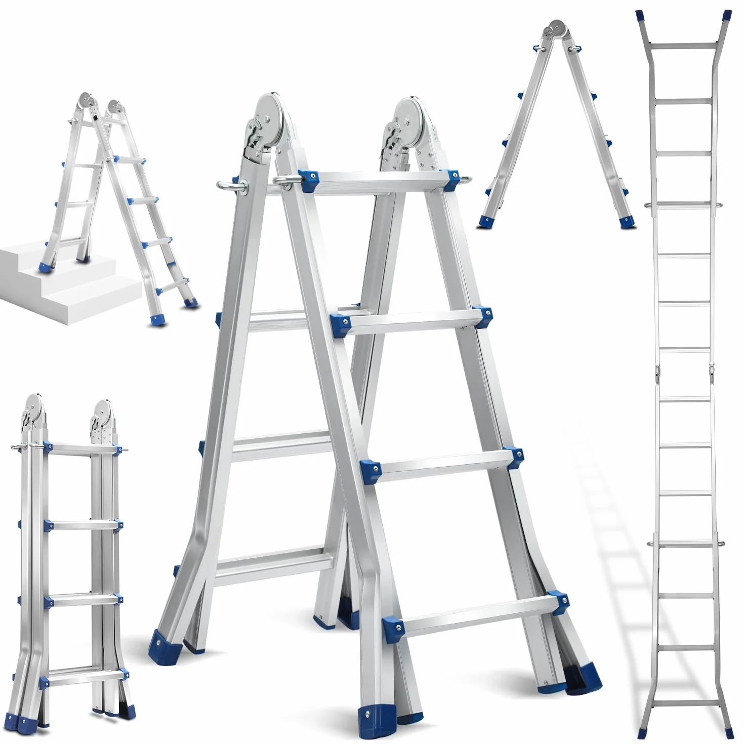 Eulenke Teleskopowa drabina aluminiowa, 4,02 m, 4 x 4 szczeble, drabina wielofunkcyjna, 4 w 1, obciążenie 150 kg, drabina przystawna, drabina schodowa, drabina przesuwna