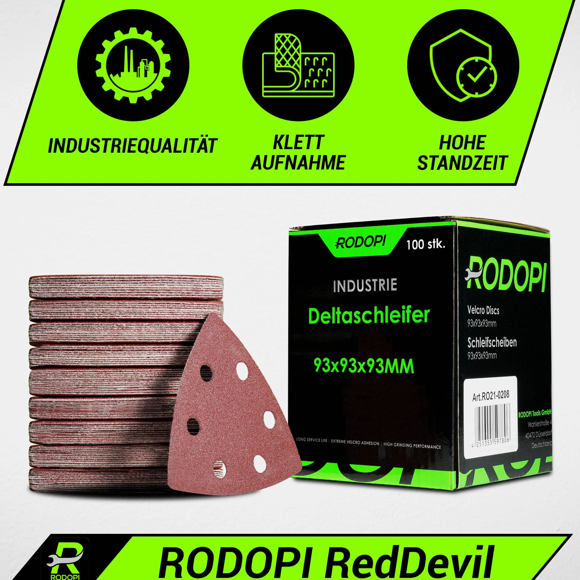 RODOPI RedDevil papier ścierny trójkątny dla szlifierki delta, ziarnistość 40-320, cyrkon korund na rzep, 93x93x93 mm, papier ścierny delta, 6 otworów dla szlifierki trójkątnej - 50 sztuk mix