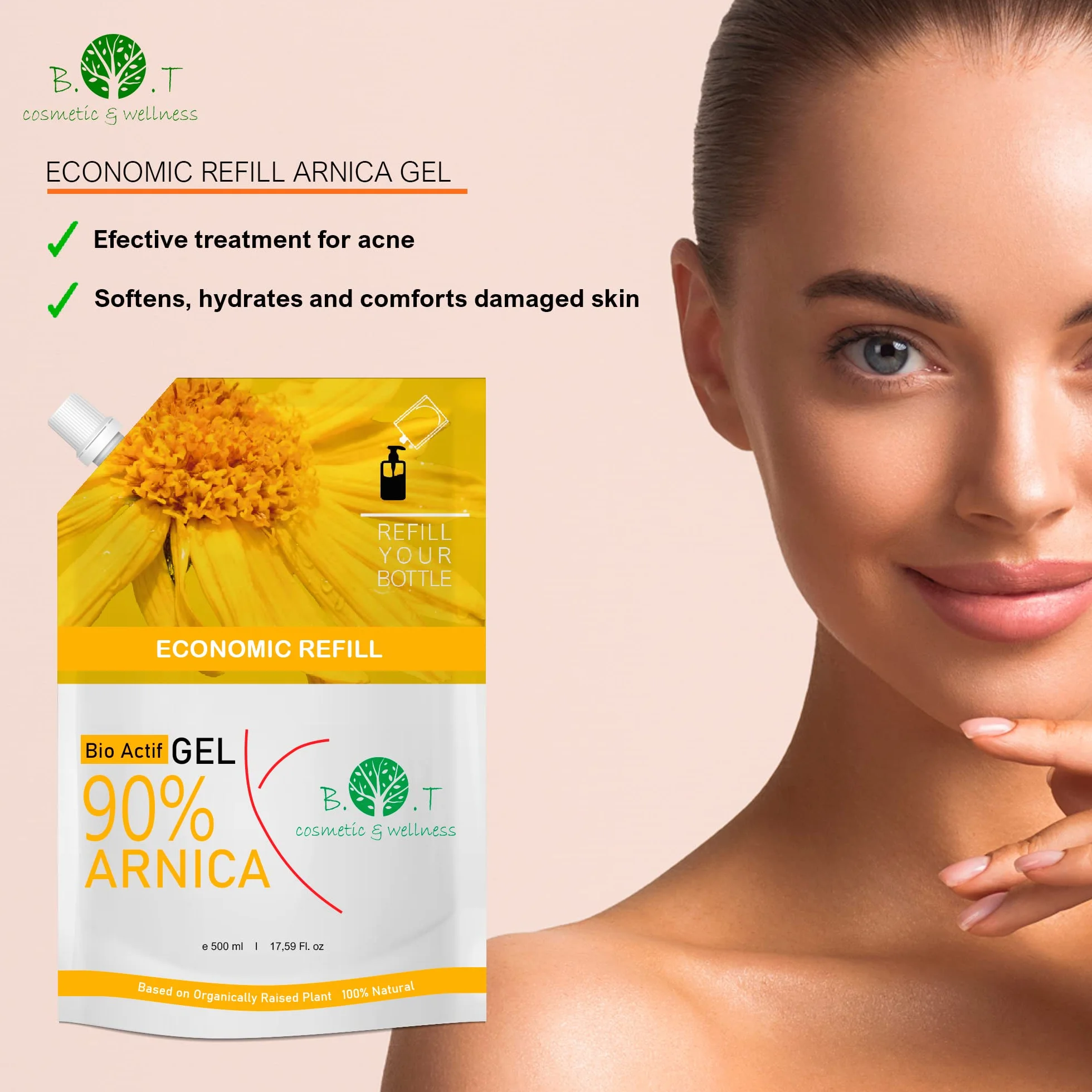 B.O.T Cosmetic & Wellness - 100% Naturalny Żel z Arniki 500ml | Ekstrakt z Kwiatu Arniki | Intensywny Żel do Masażu | Lekka i Nie Pozostawiająca Plam Tekstura | Wegański Produkt