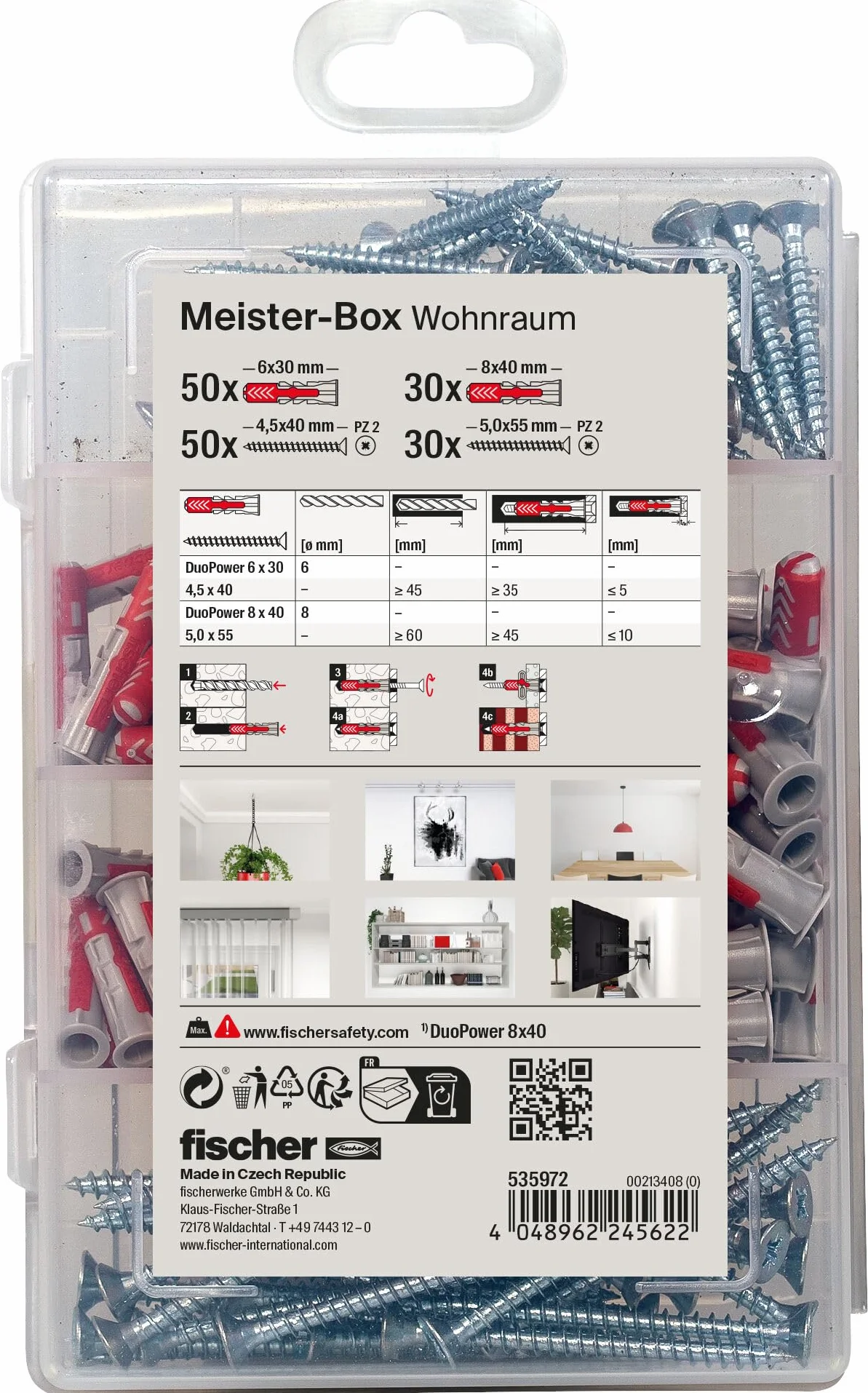 fischer MEISTER-BOX DUOPOWER + śruba, skrzynka narzędziowa z 160 kołkami i śrubami, uniwersalne kołki, praktyczny Zestaw, skrzynka na kołki Dla majsterkowiczów i profesjonalistów