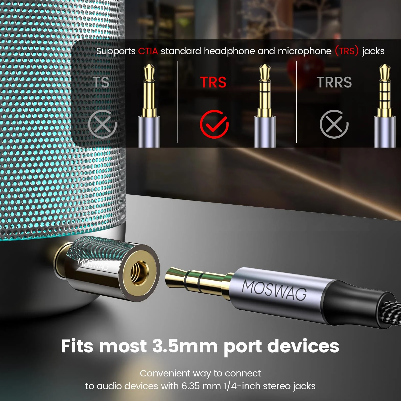 MOSWAG Adapter do słuchawek, adapter męski 6,35 mm na 3,5 mm żeński, adapter 1/8 do 1/4 do kabla audio, wzmacniacza, komputera stacjonarnego, laptopa, tabletu, fortepianu Ditiqal, Mp3, mikrofonu