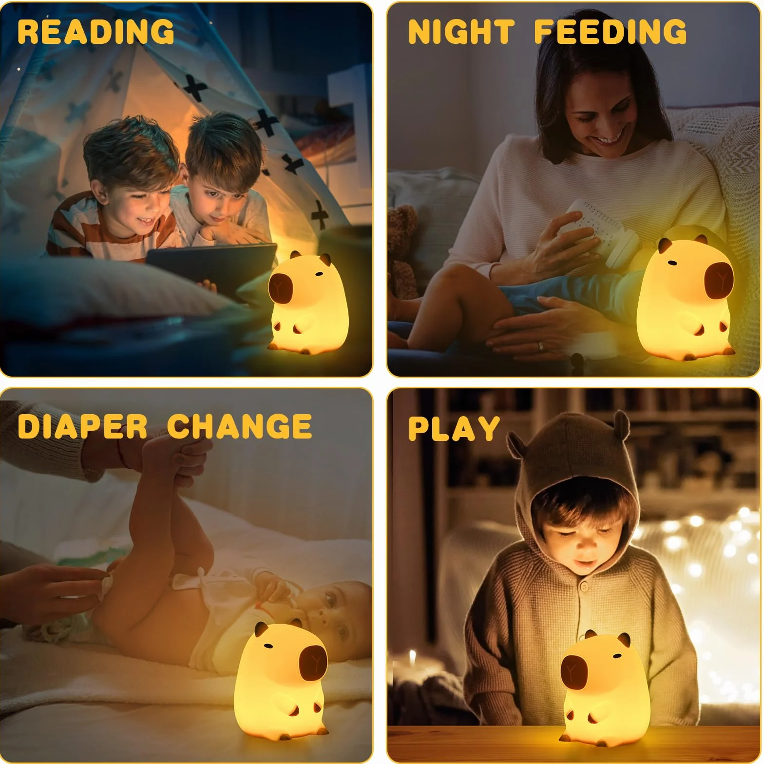 URAQT Lampka nocna z kapibarą dla dzieci, lampka nocna z funkcją dotykowego sterowania kapibarą, ładowanie i timer przez USB, ściemniana silikonowa lampka nocna